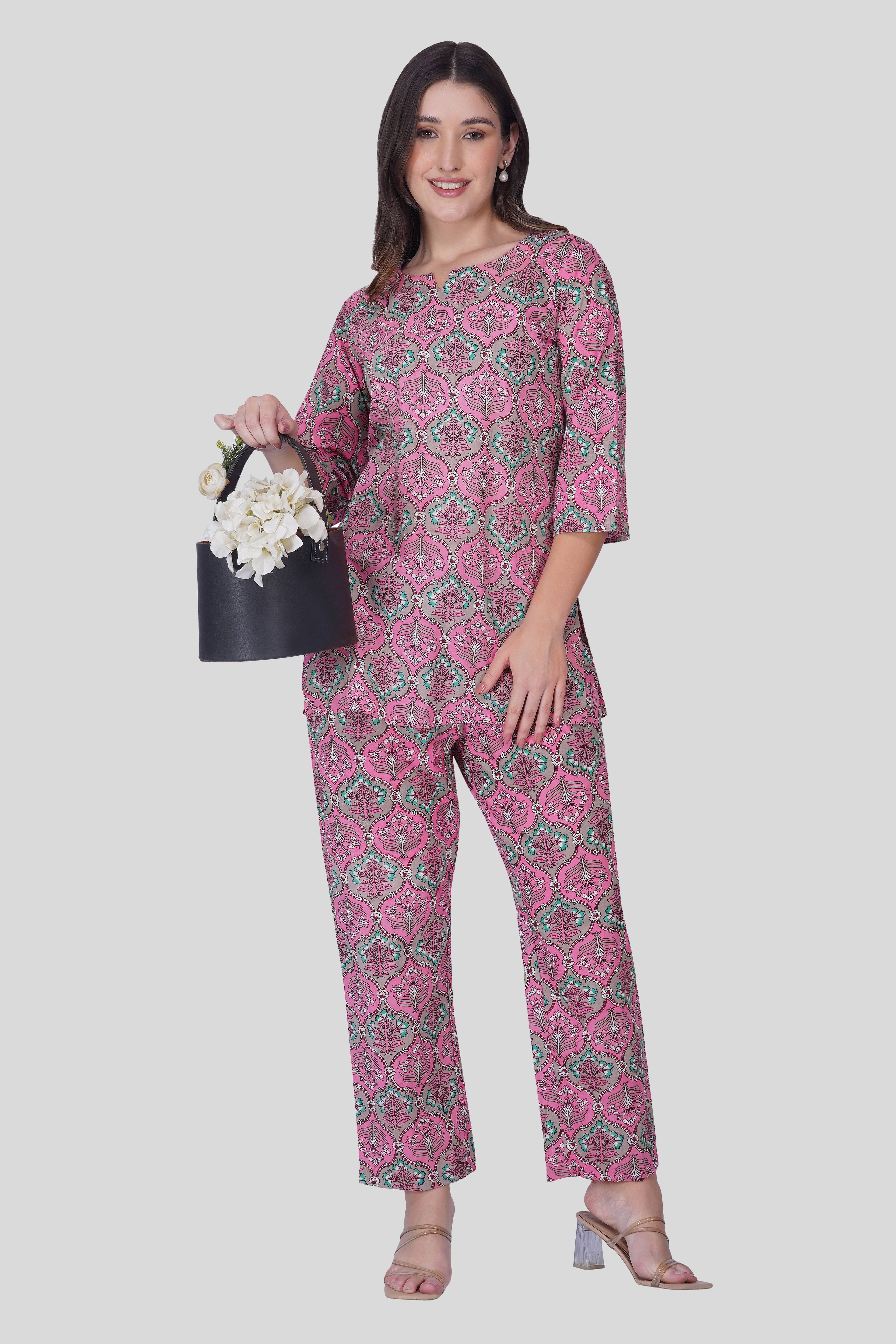 Dusty Pink Cotton Printed Pyjama Set