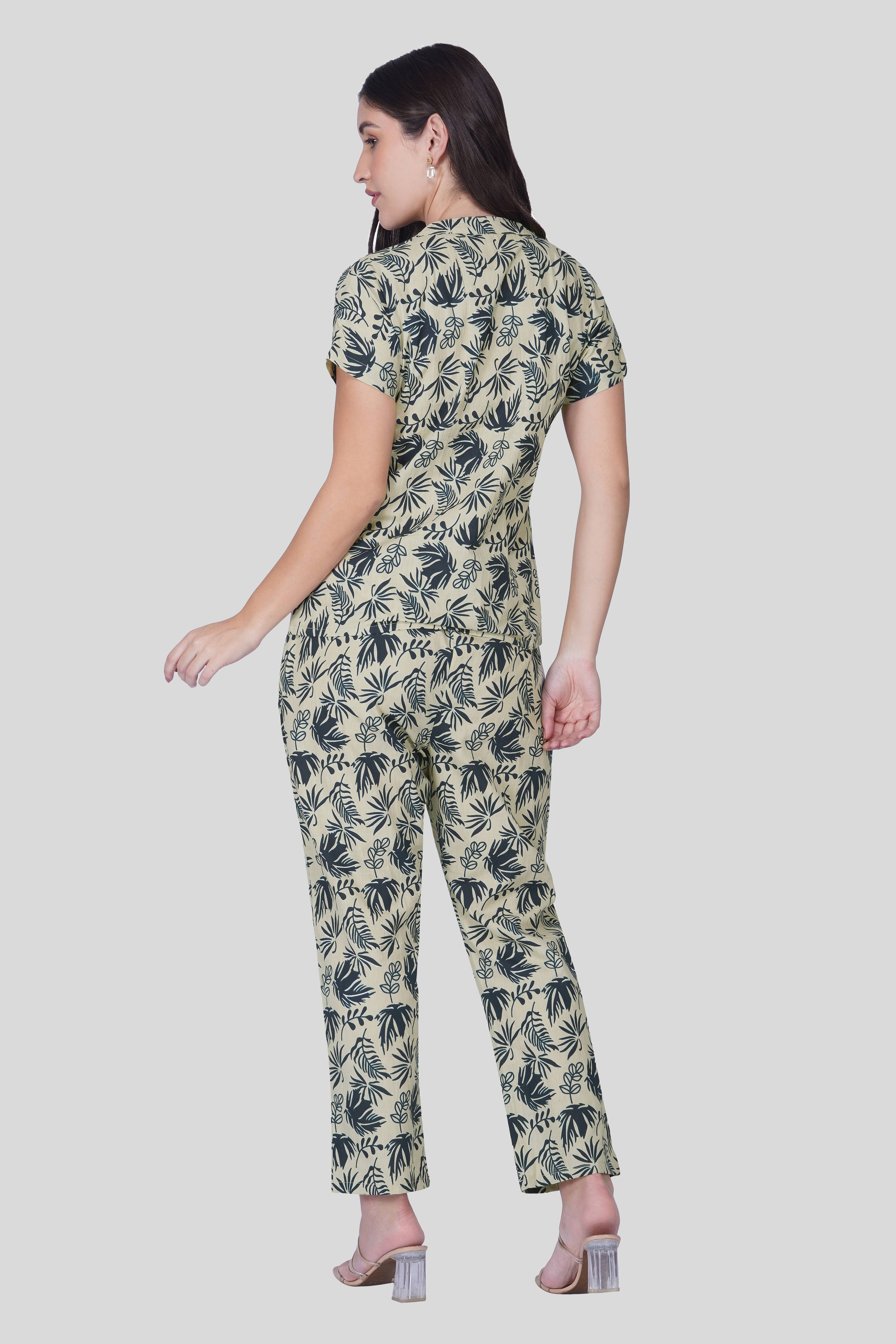 Grey Notch Collar Cotton Printed Pyjama Set