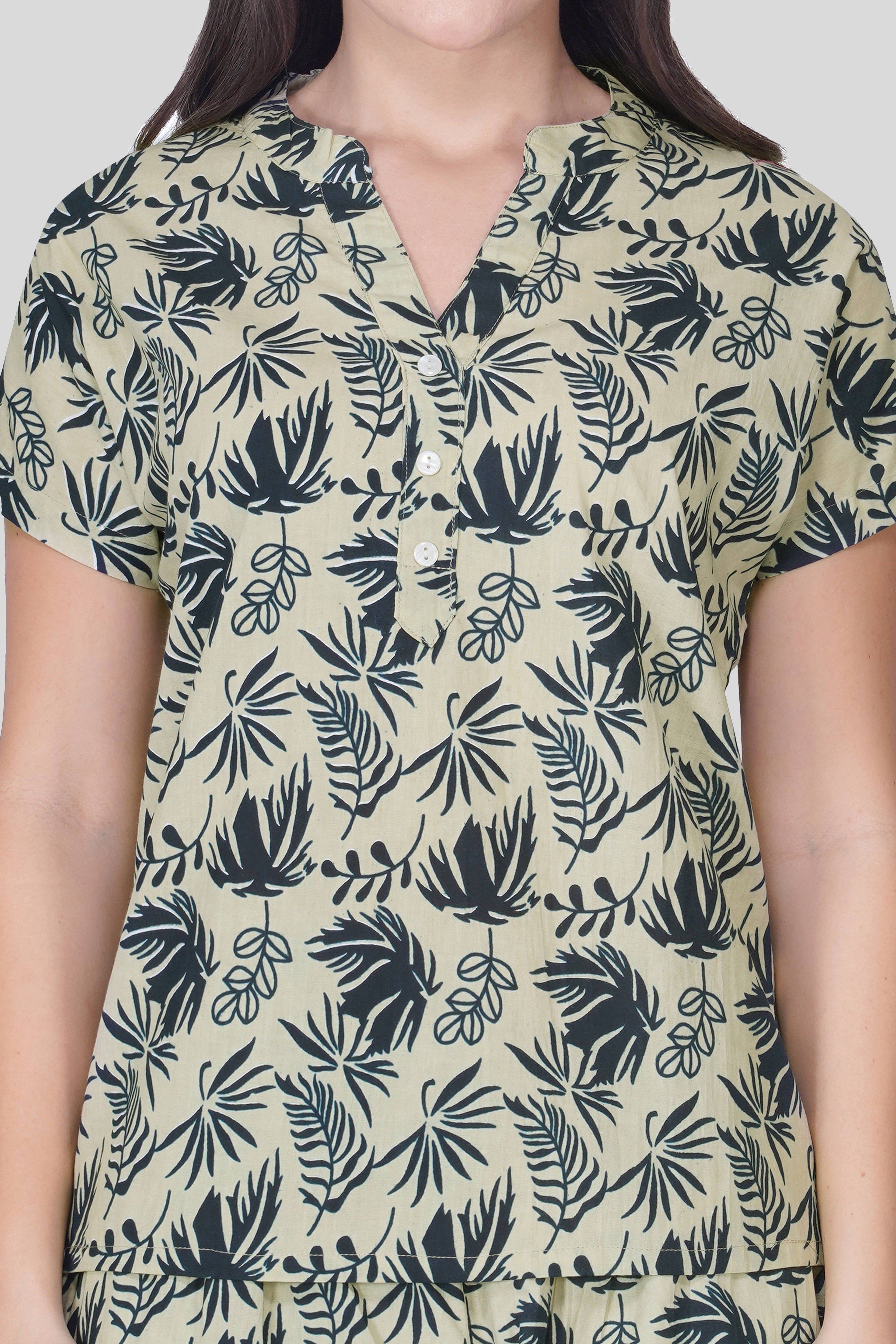 Grey Notch Collar Cotton Printed Pyjama Set