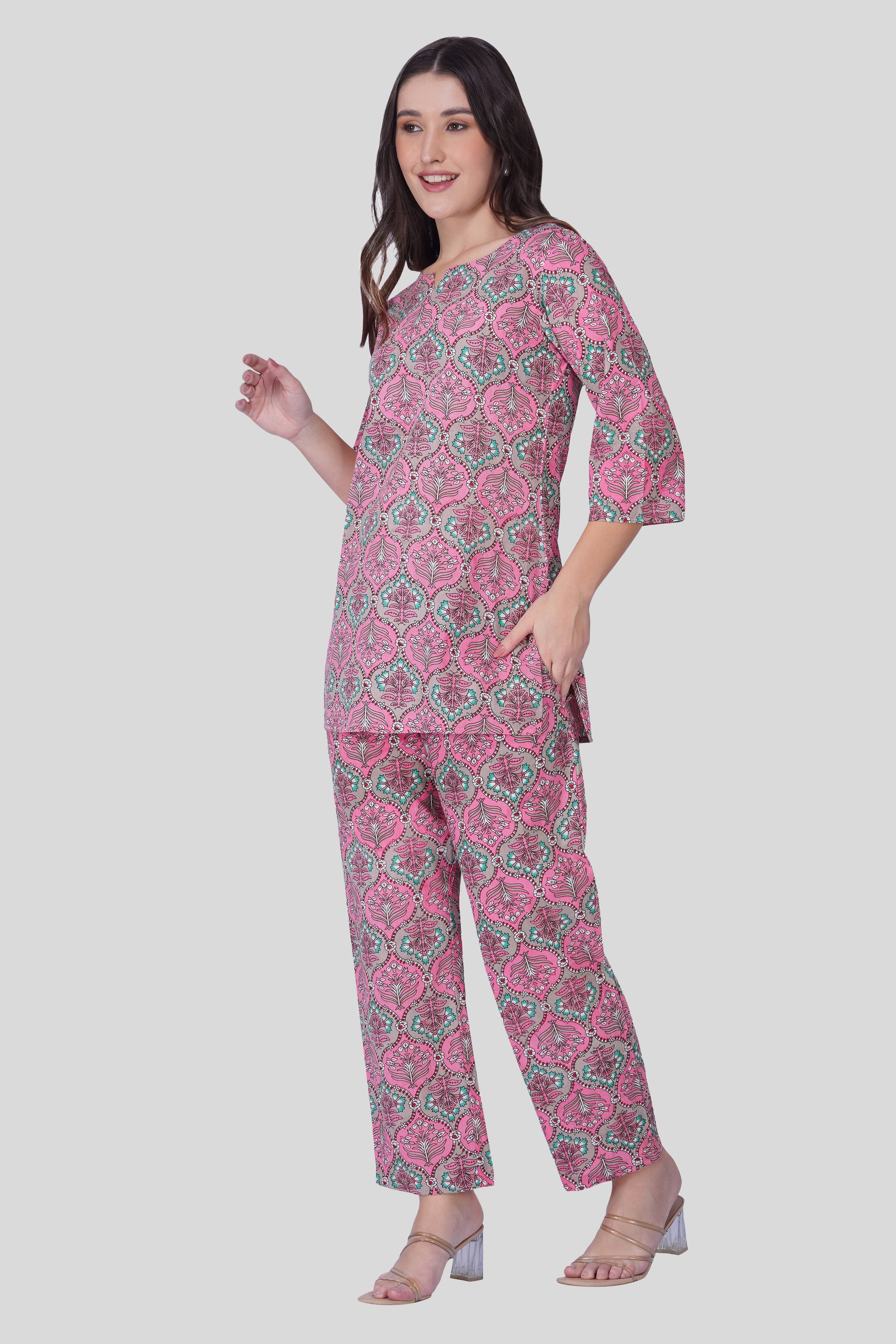 Dusty Pink Cotton Printed Pyjama Set