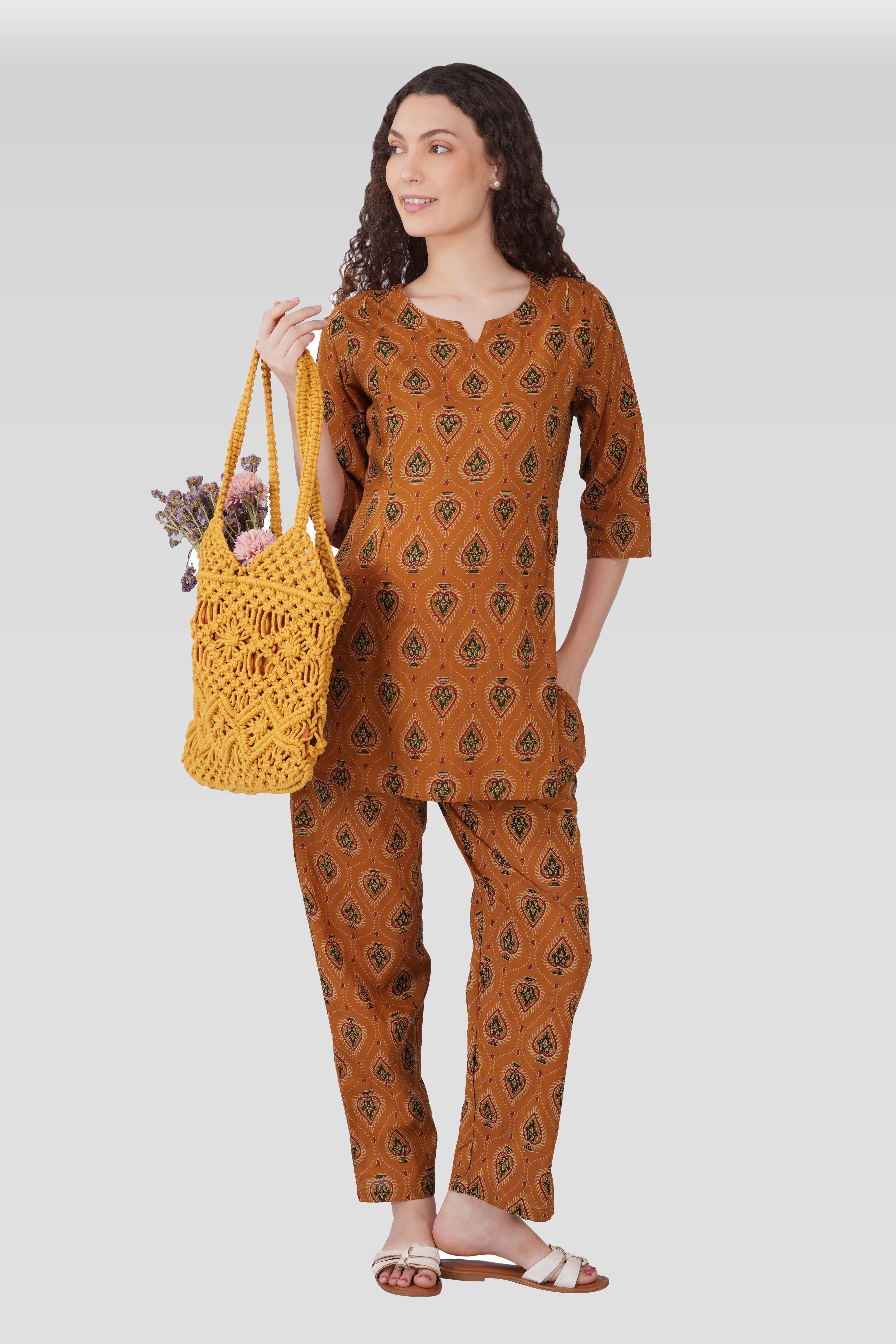 Amber Glow Cotton Printed Maternity and Feeding Pyjama Set