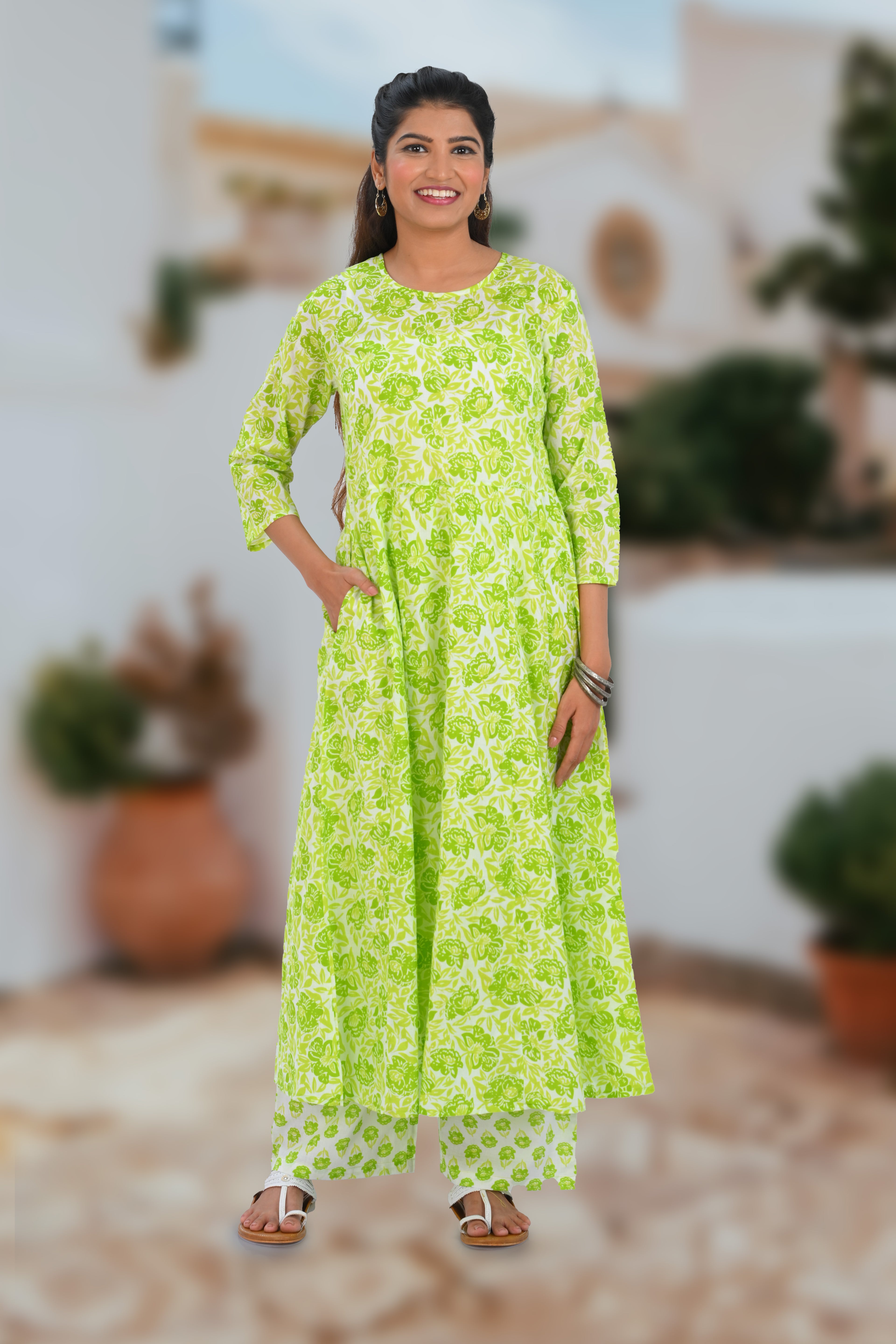 Apple Green Cotton Printed Kurta Set