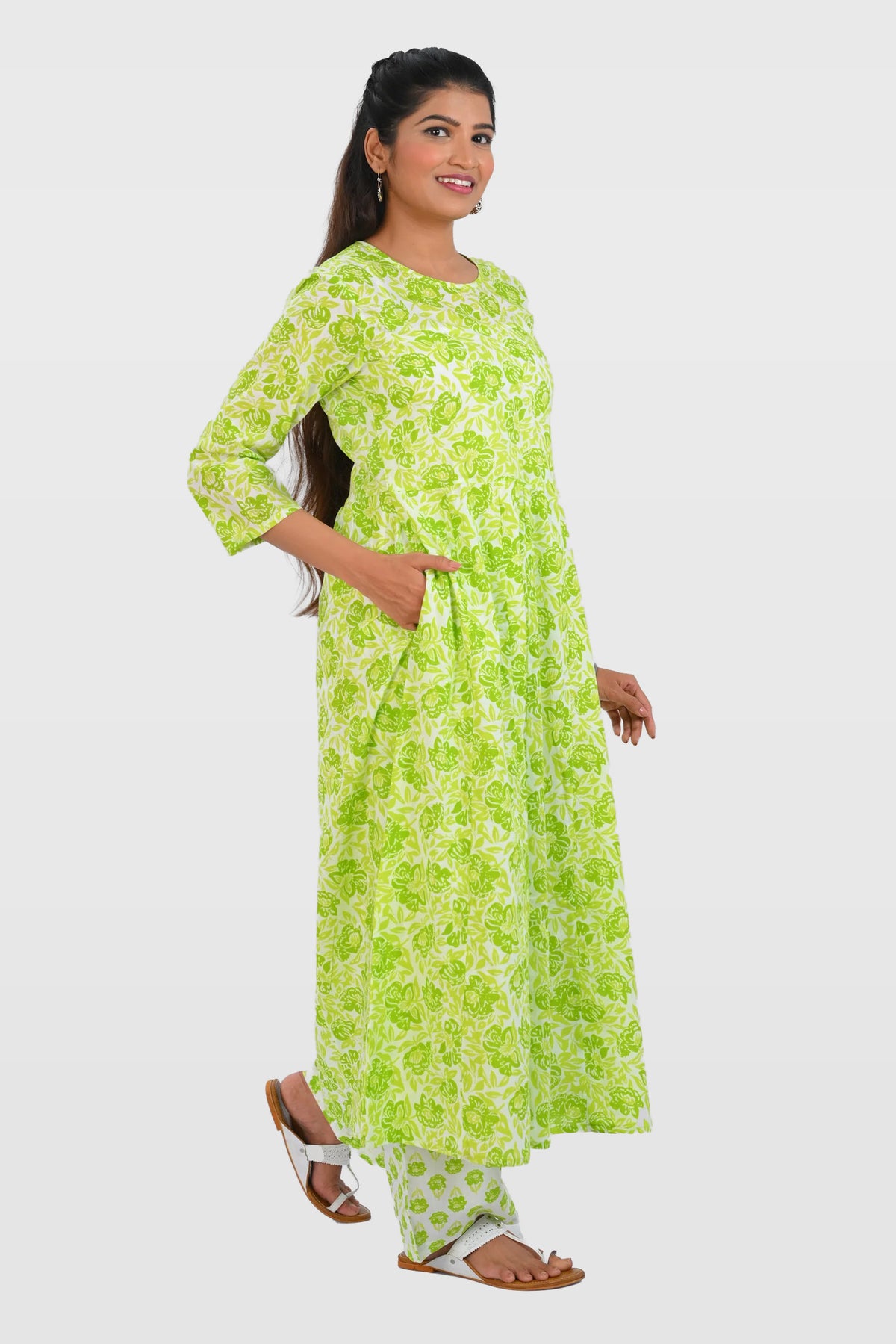 Apple Green Cotton Printed Kurta Set