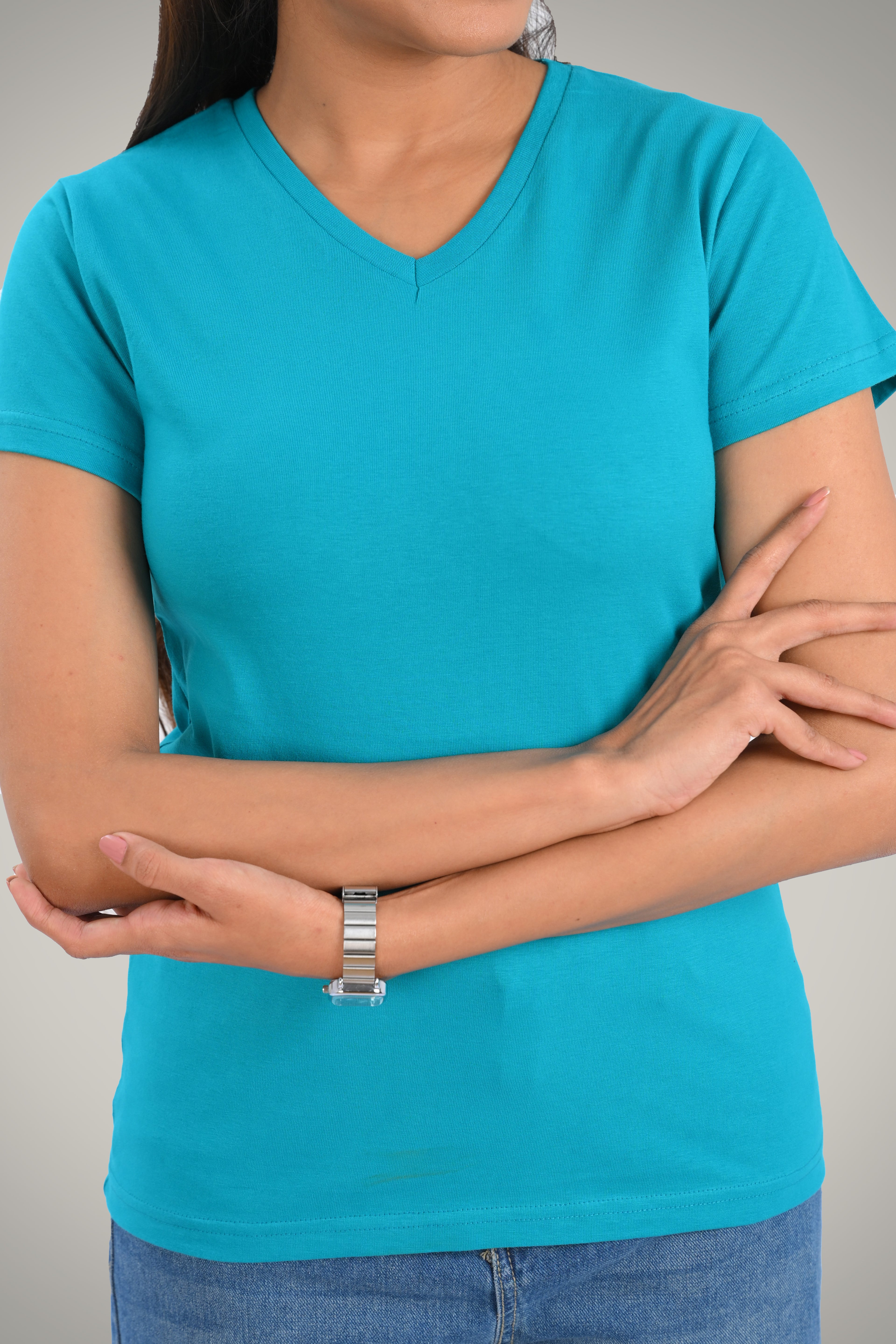 Aqua Blue Cotton V Neck T-Shirt