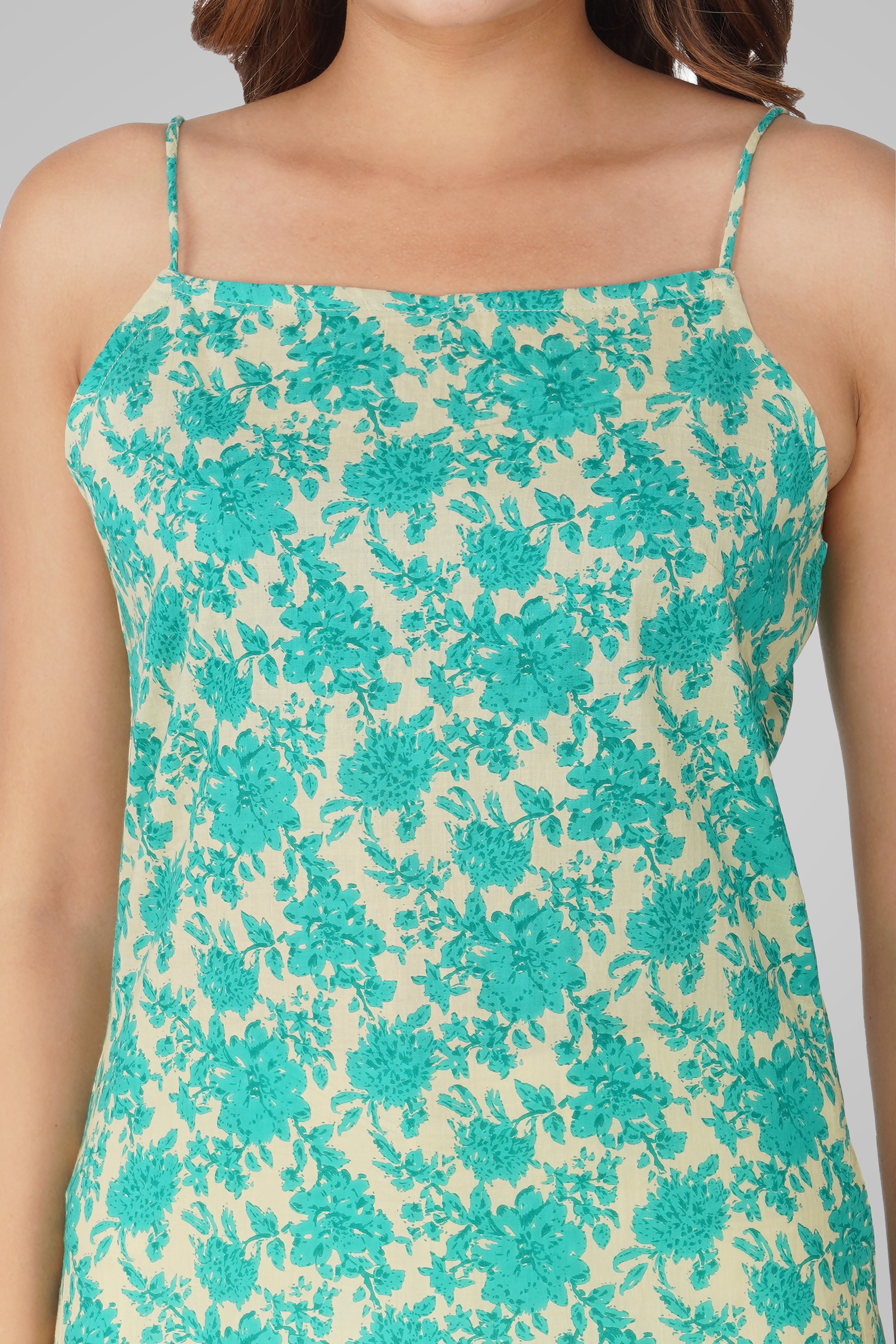 Aqua Green Cotton Printed Strap Top