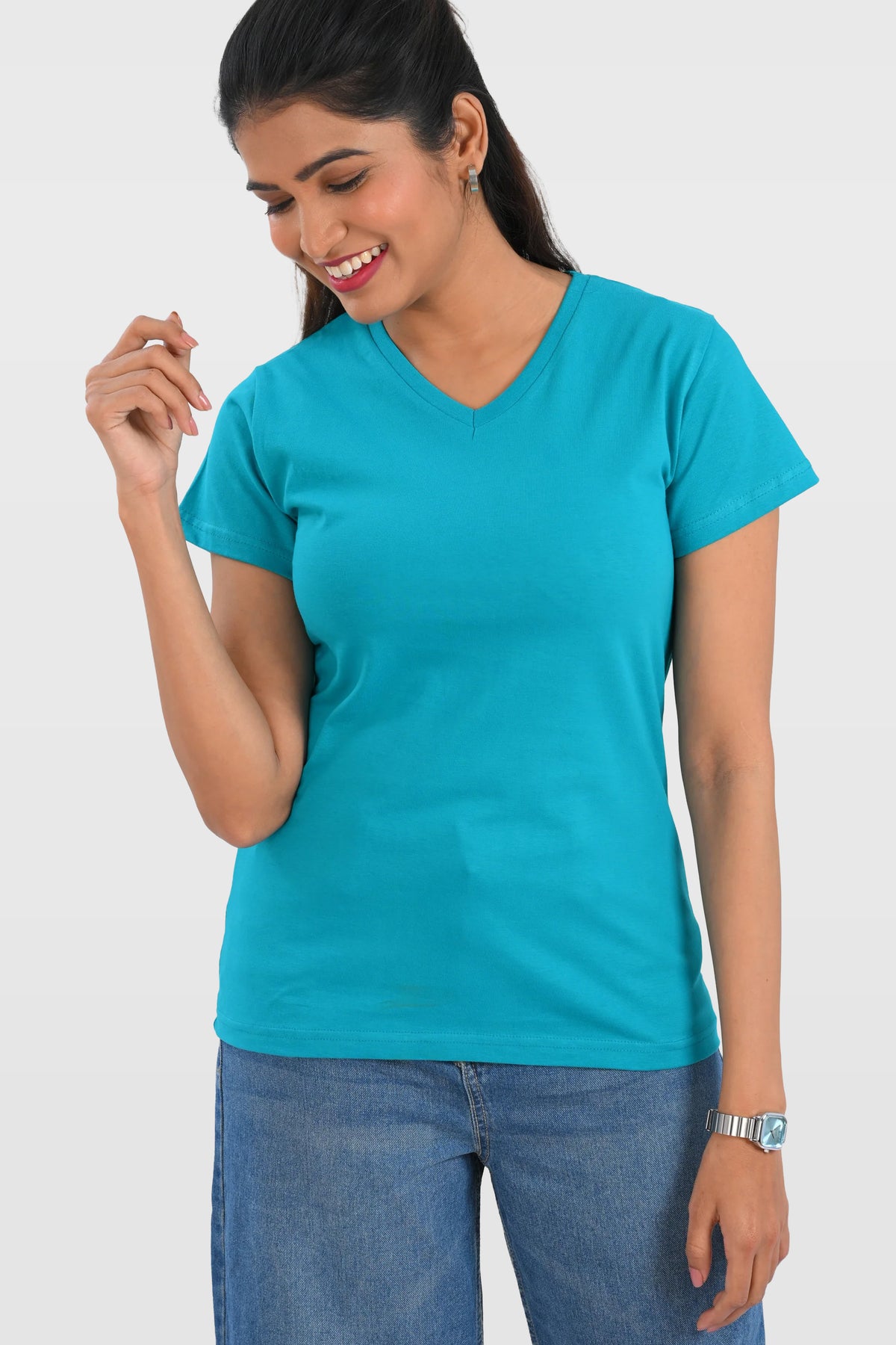 Aqua Blue Cotton V Neck T-Shirt