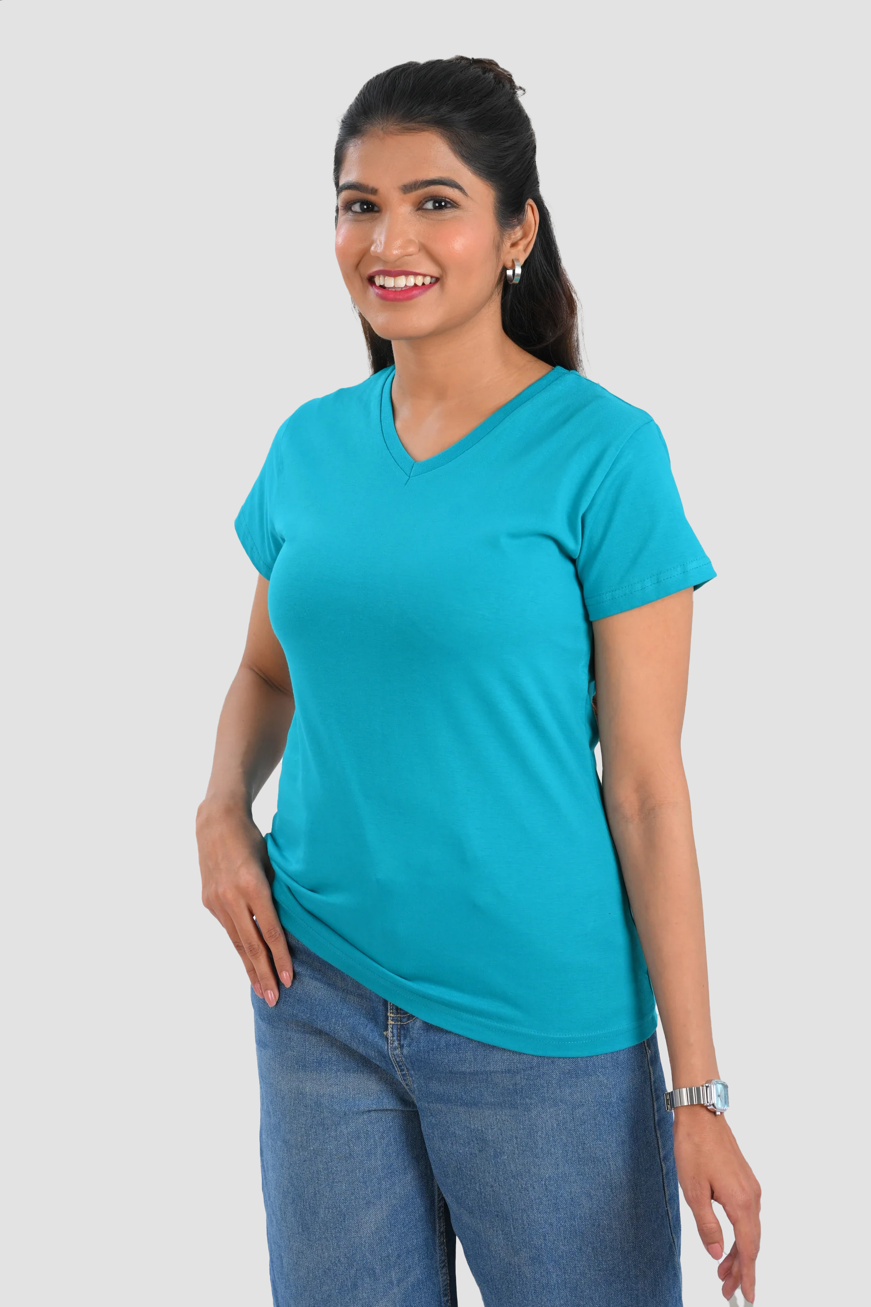 Aqua Blue Cotton V Neck T-Shirt