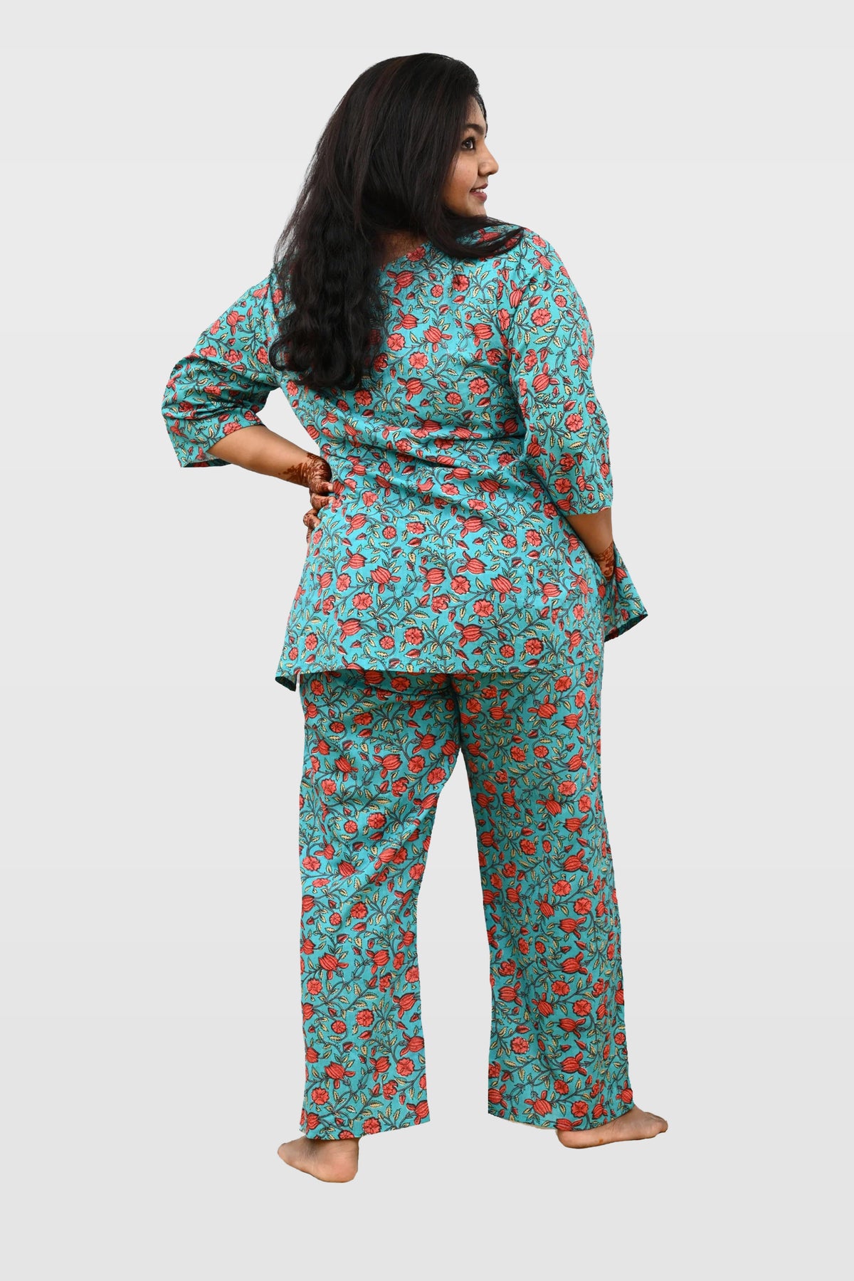 Aqua Blue Plus Size Cotton Printed Pyjama Set