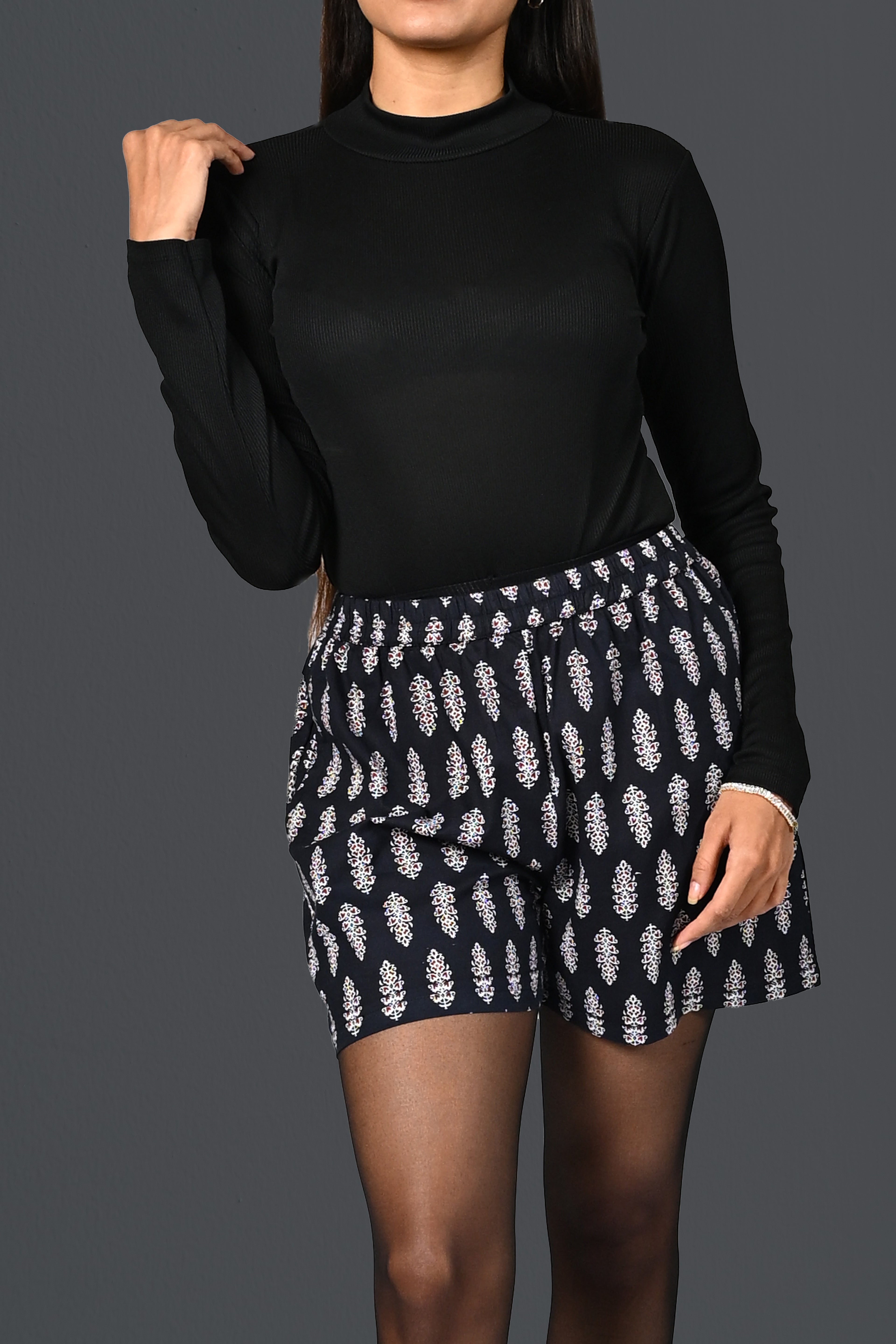 Black Cotton Printed Shorts