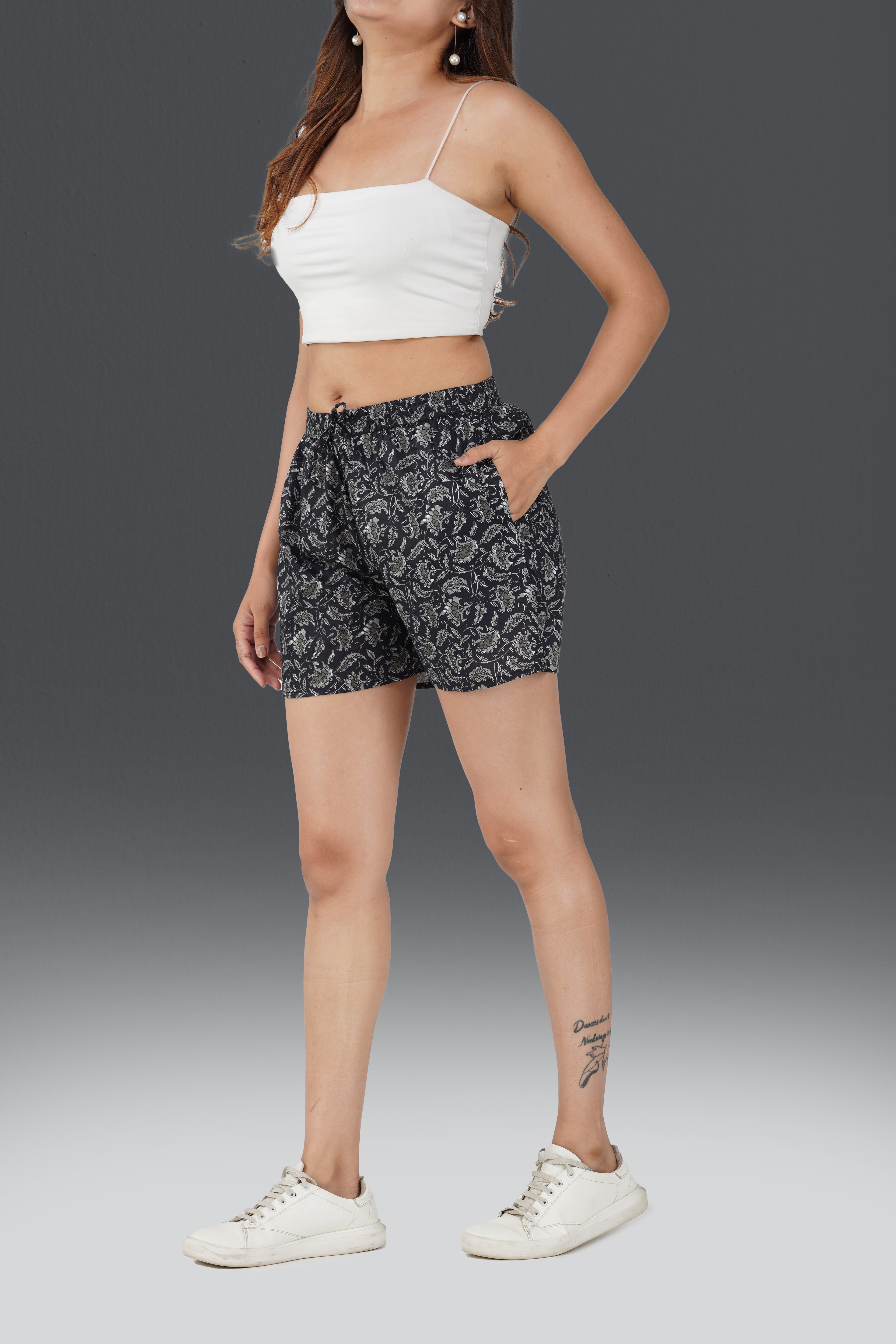 Black Cotton Printed Shorts
