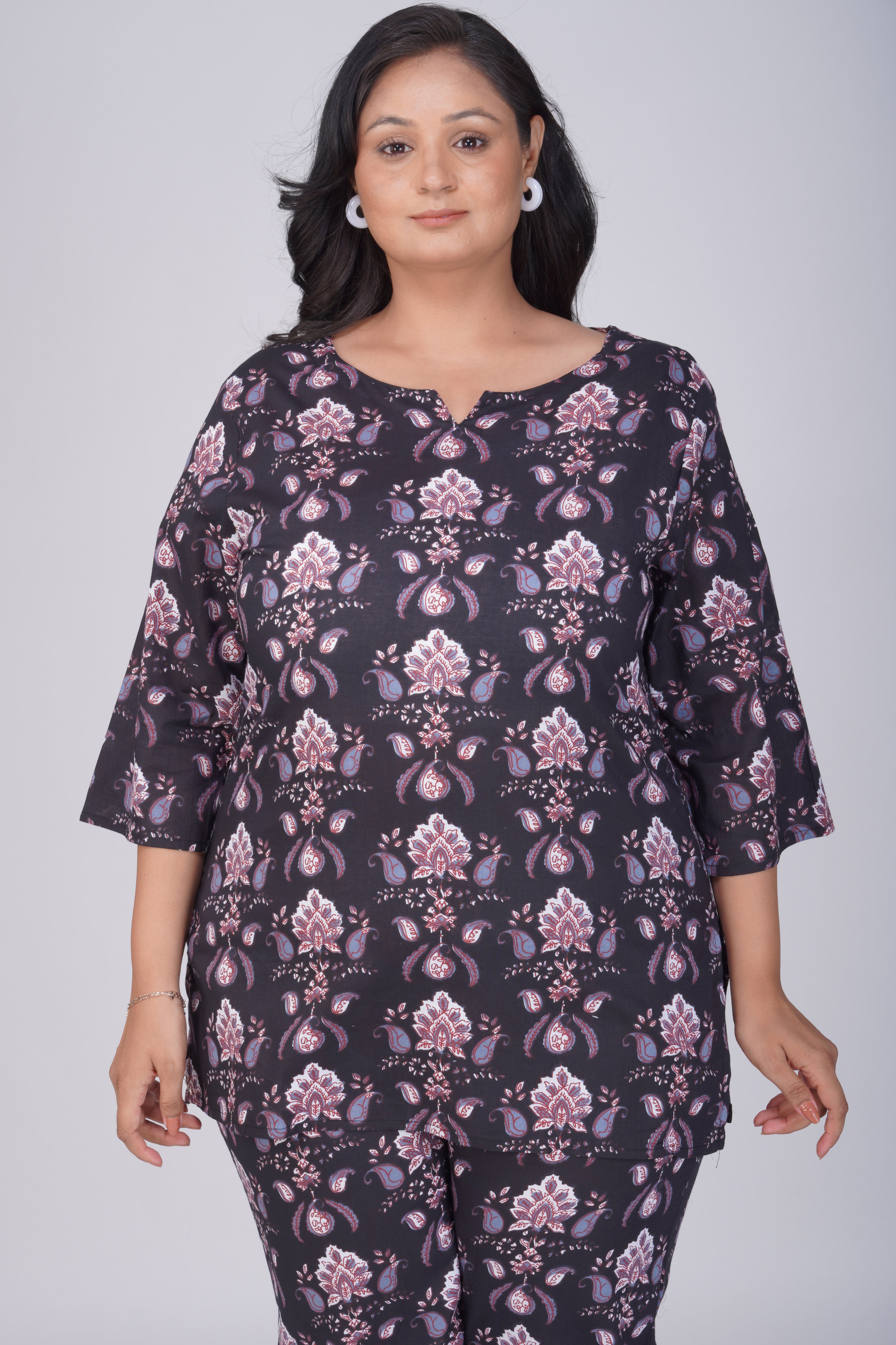Black Plus Size Cotton Printed Pyjama Set