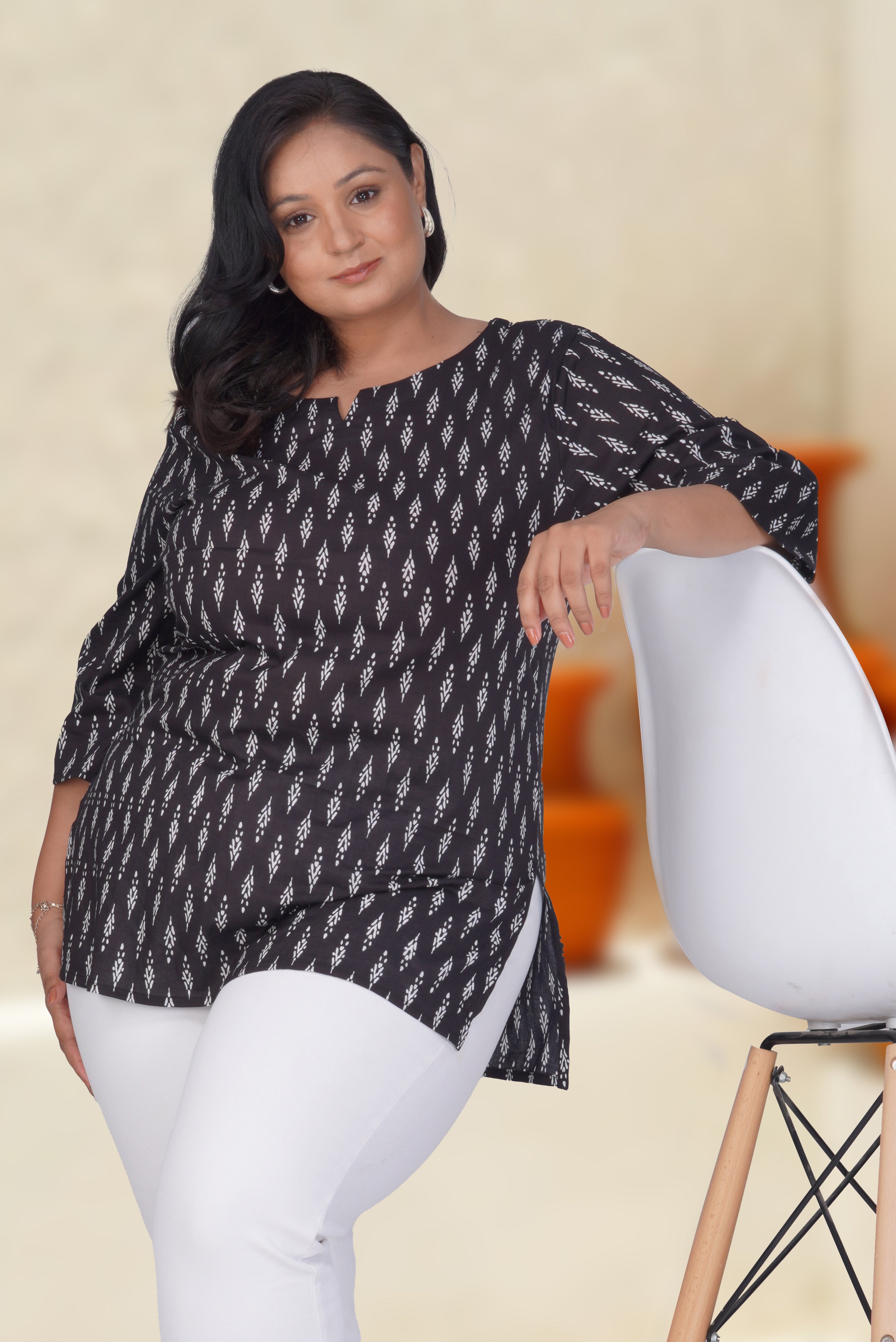 Black Plus Size Cotton Printed Kurti