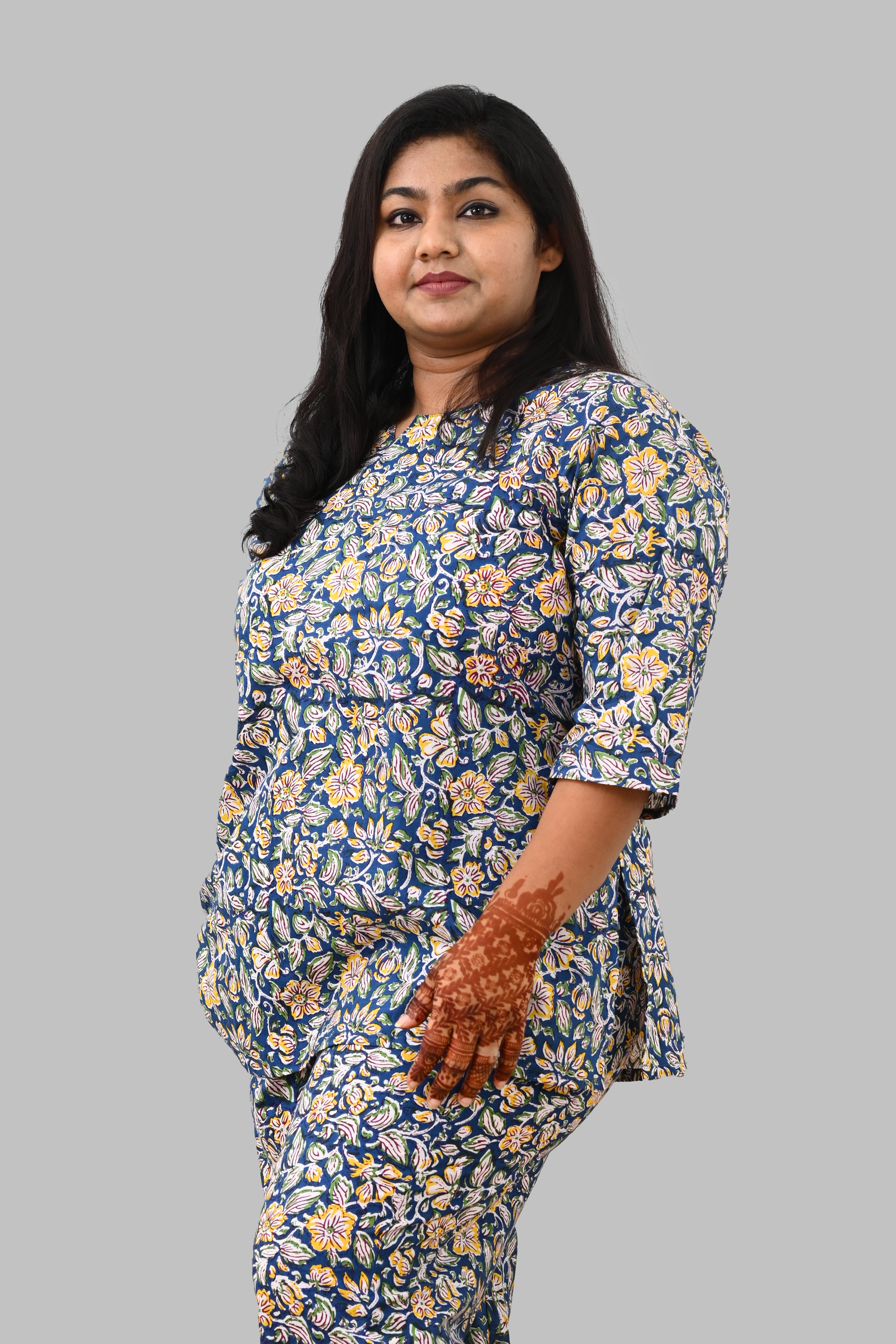 Blue Floral Plus Size Cotton Printed Pyjama Set