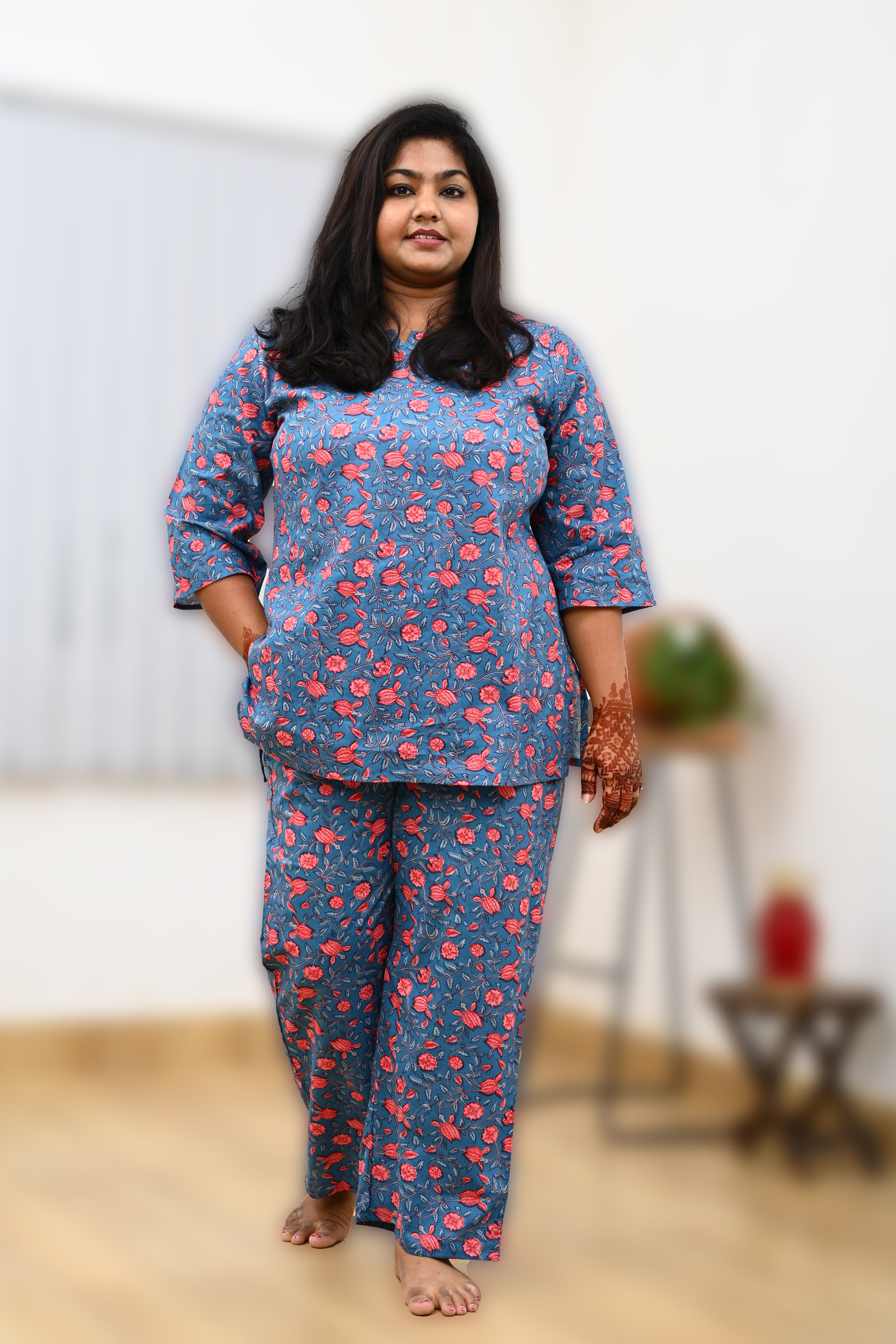 Blue Plus Size Cotton Printed Pyjama Set