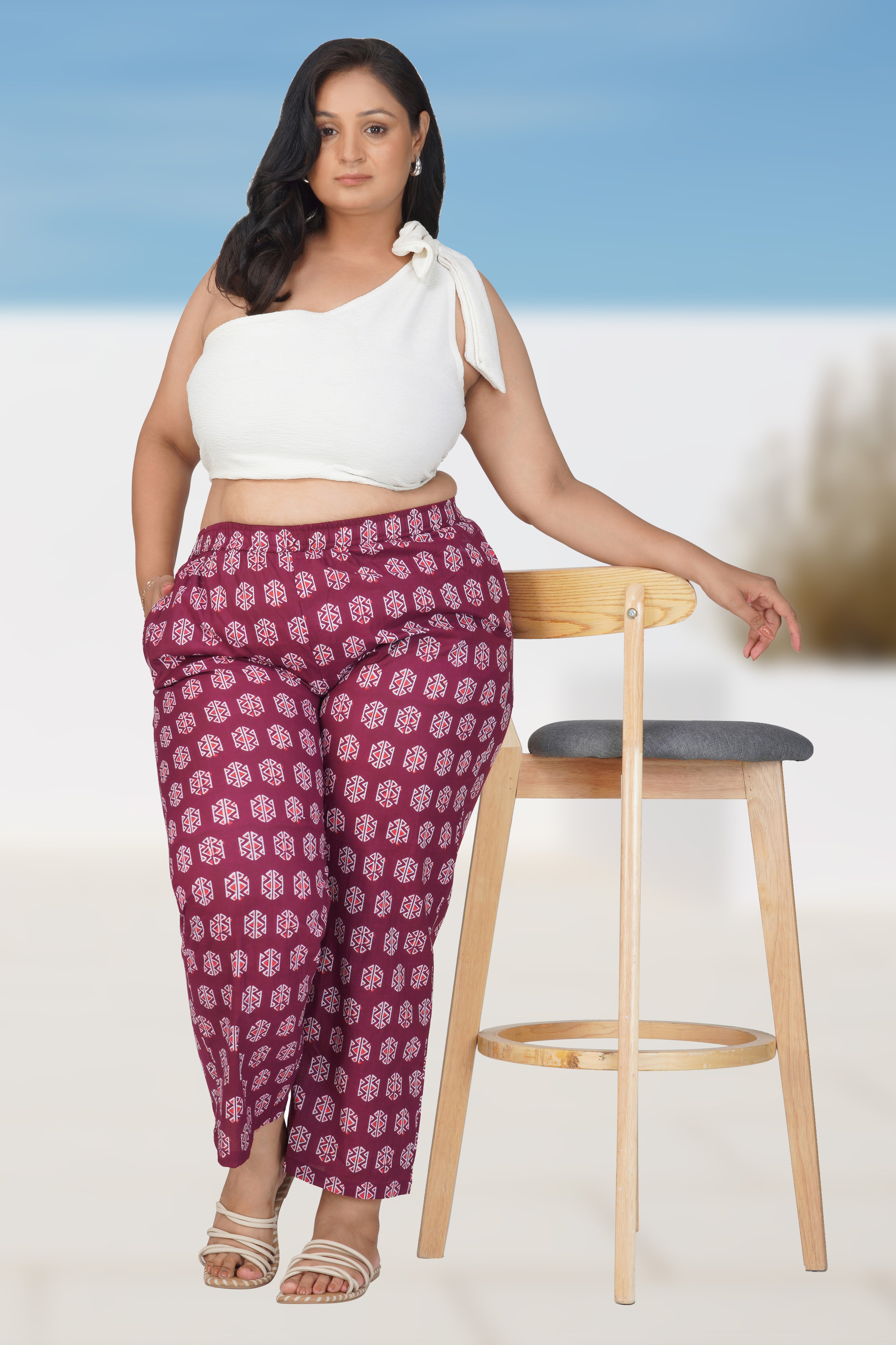 Burgundy Plus Size Cotton Printed Bottom