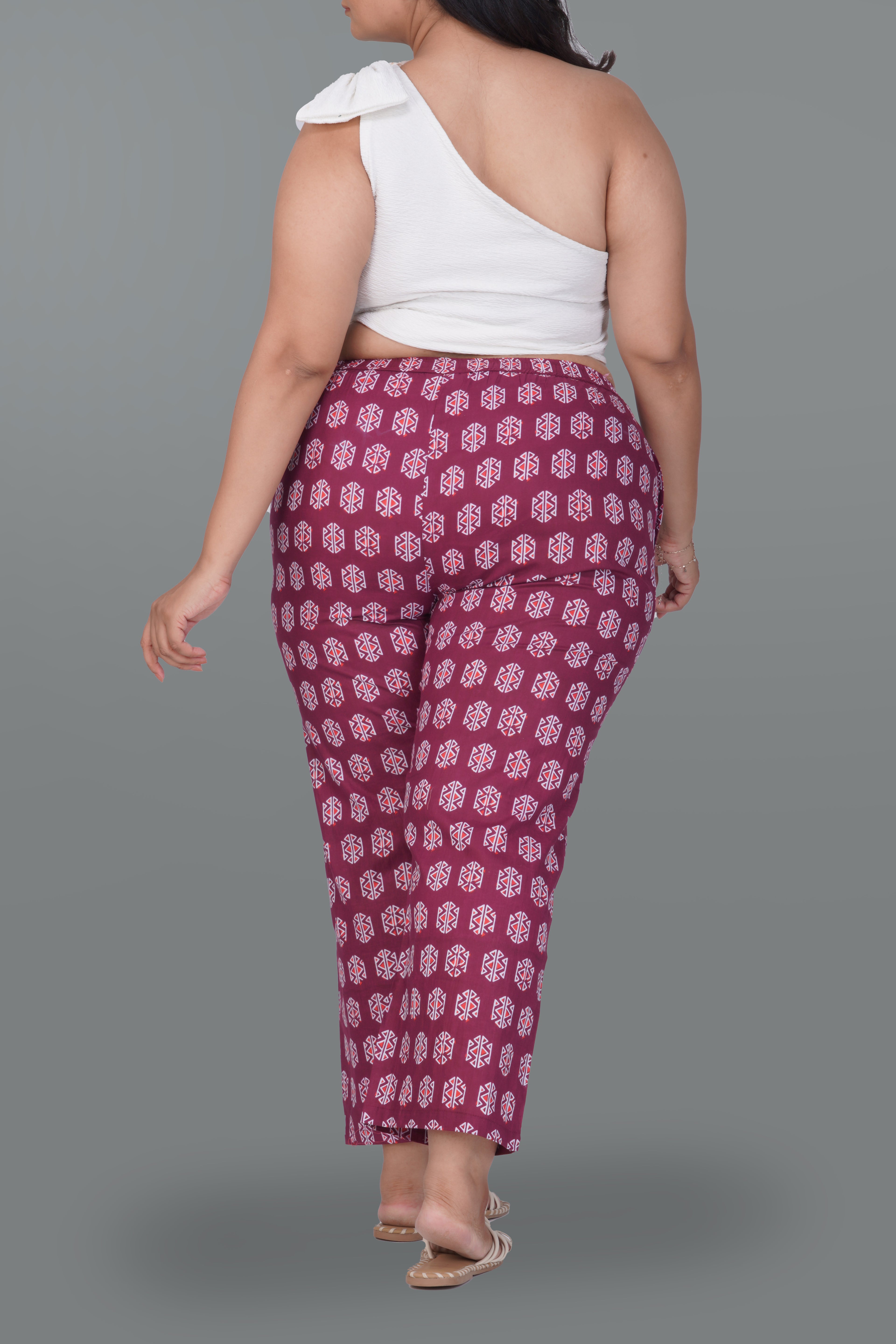 Burgundy Plus Size Cotton Printed Bottom