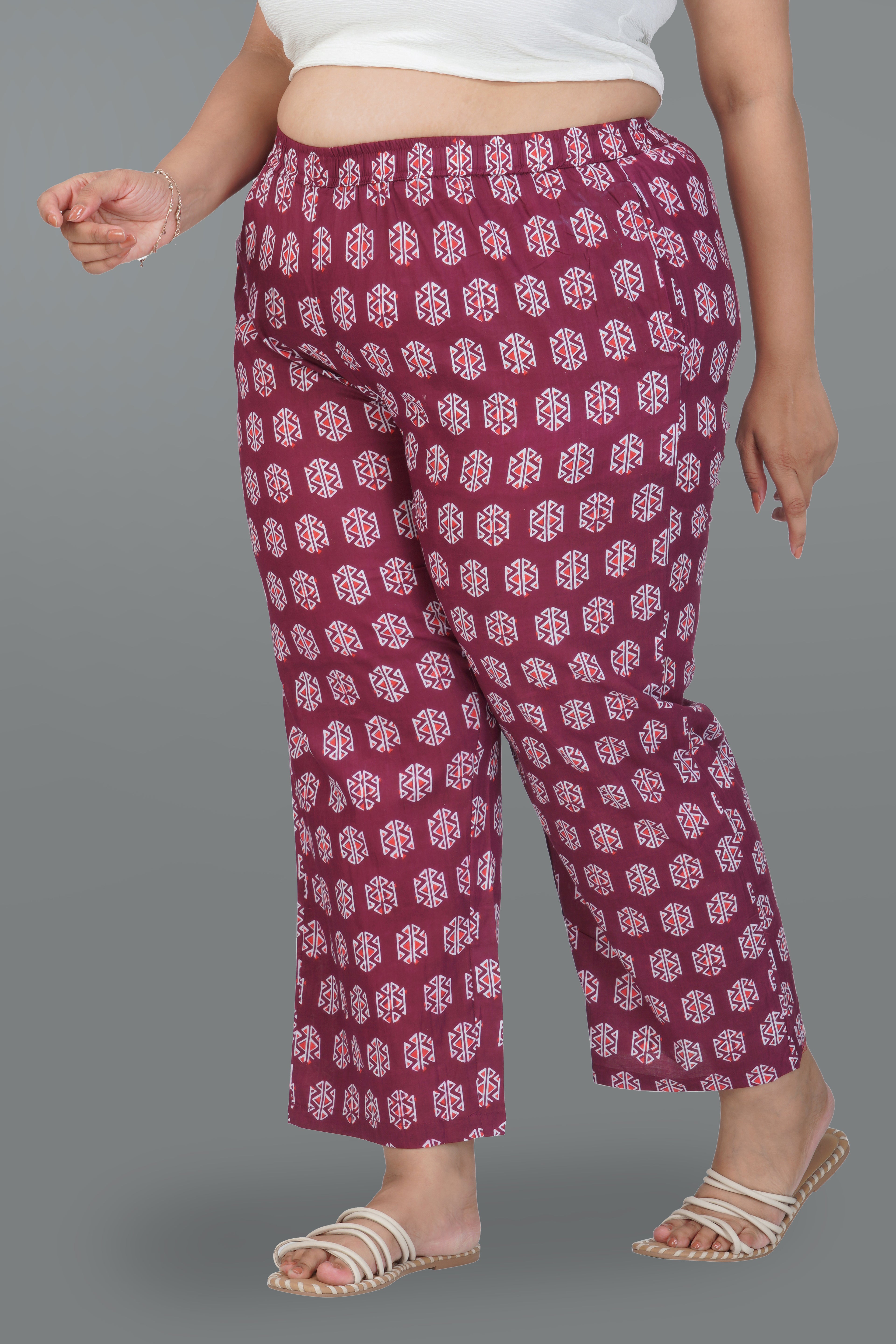 Burgundy Plus Size Cotton Printed Bottom