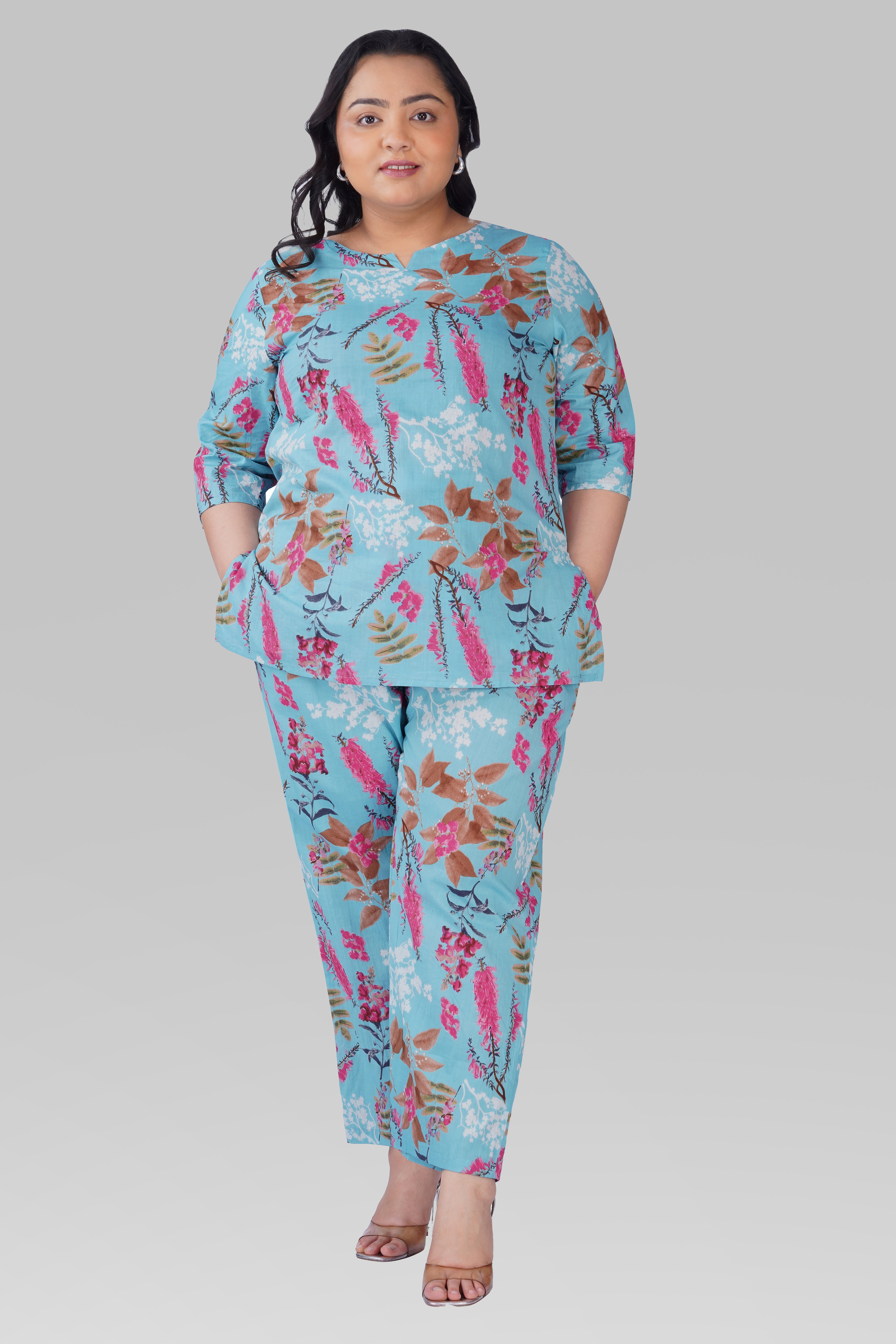 Baby Blue Plus Size Cotton Printed Pyjama Set