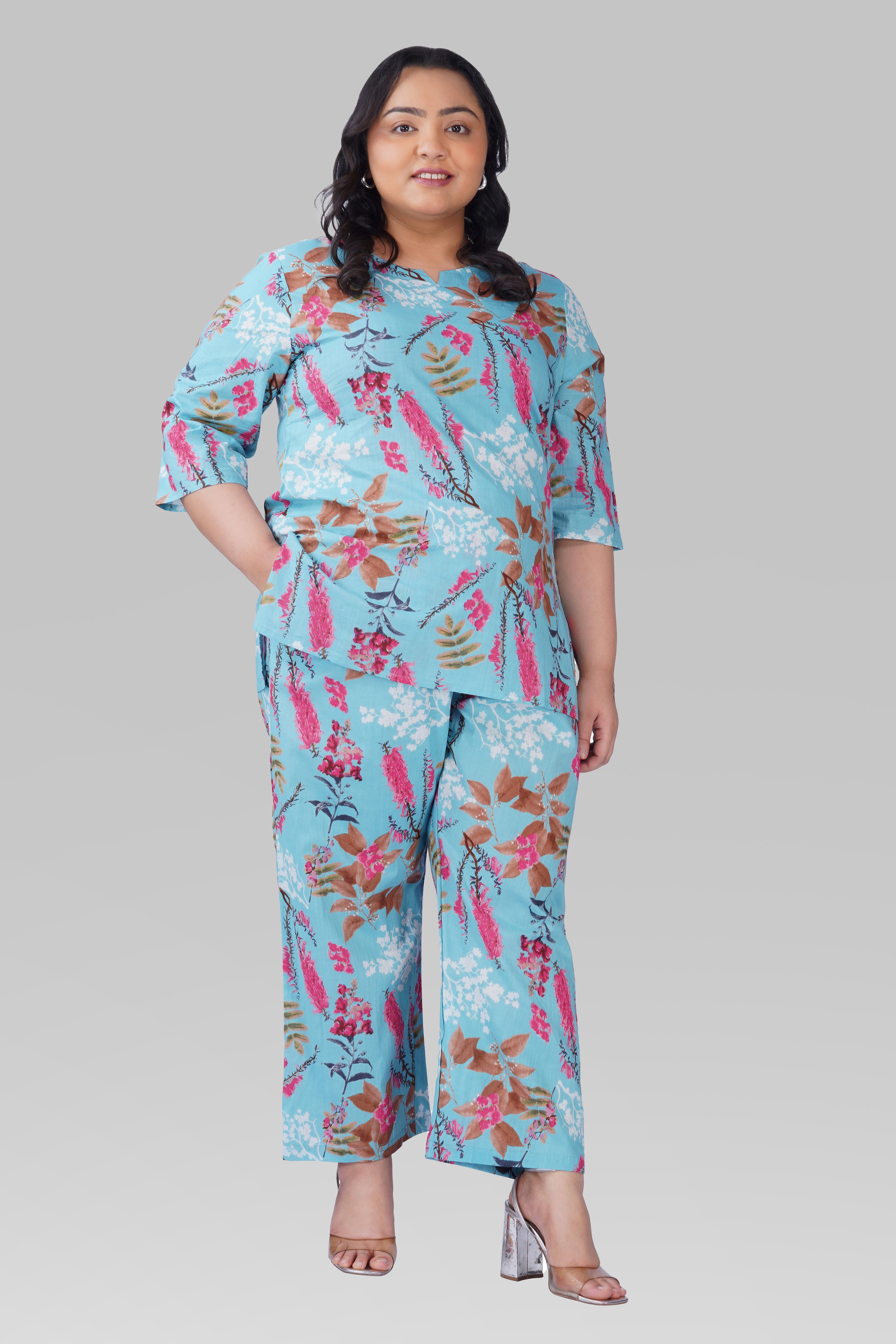 Baby Blue Plus Size Cotton Printed Pyjama Set