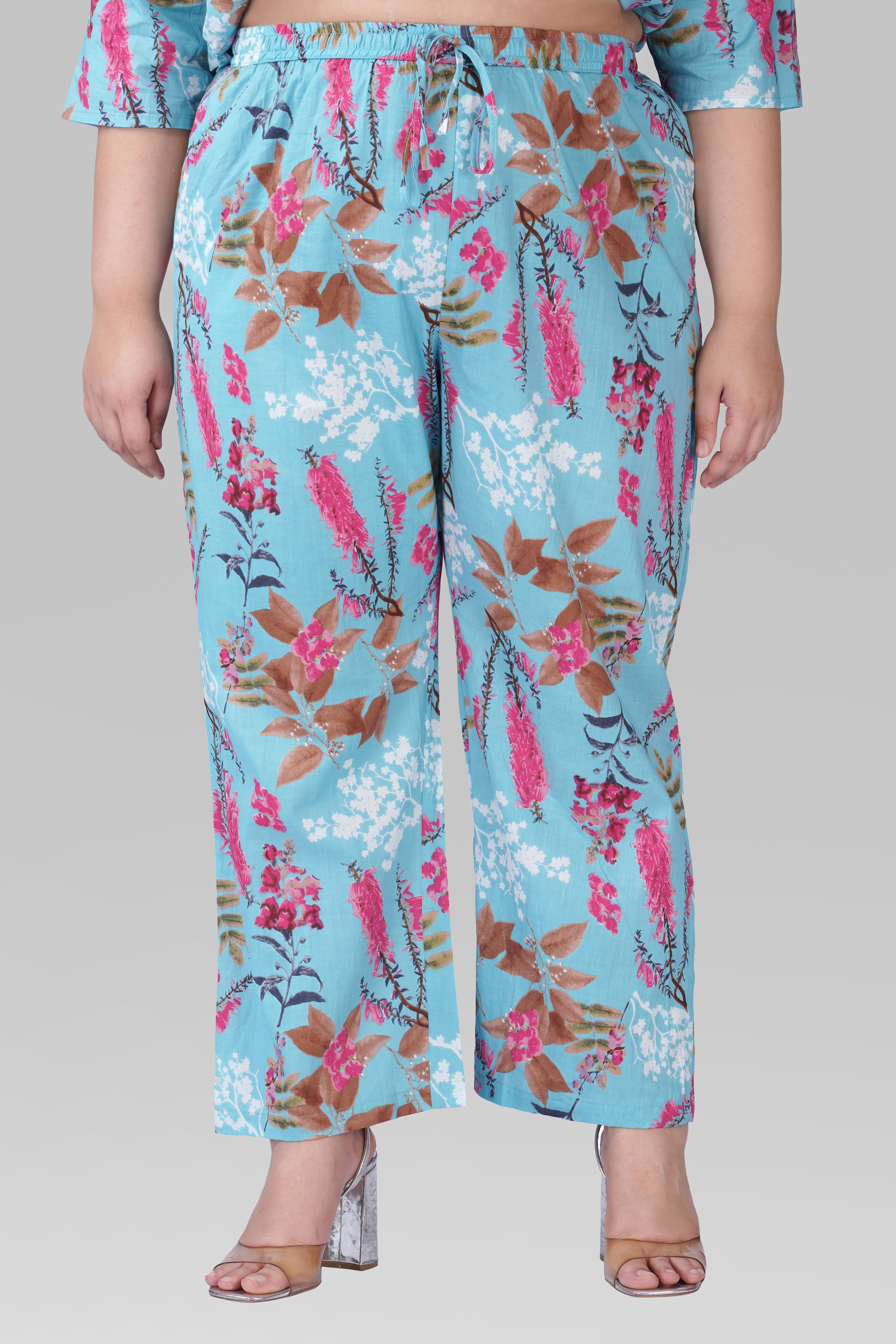 Baby Blue Plus Size Cotton Printed Pyjama Set