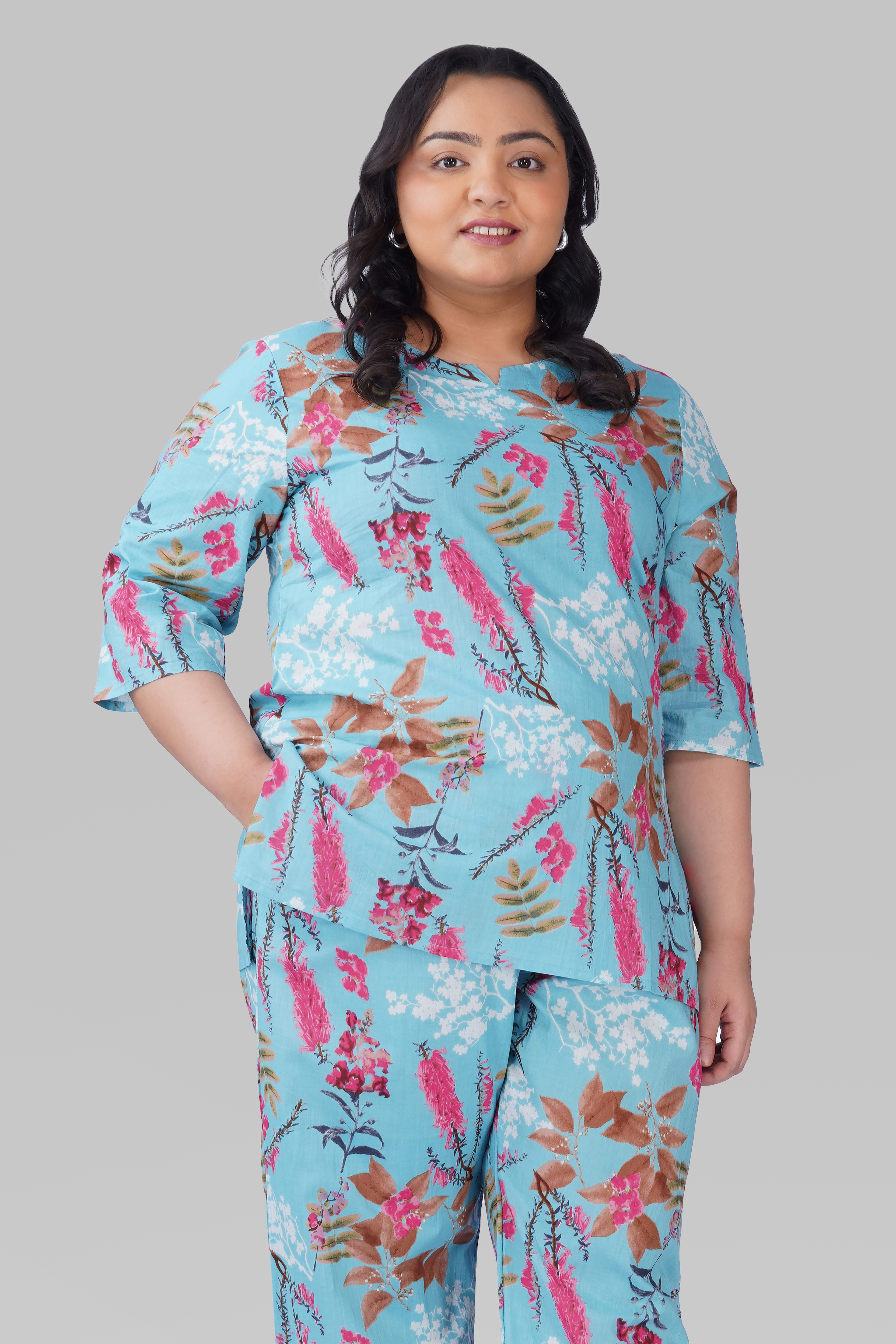 Baby Blue Plus Size Cotton Printed Pyjama Set