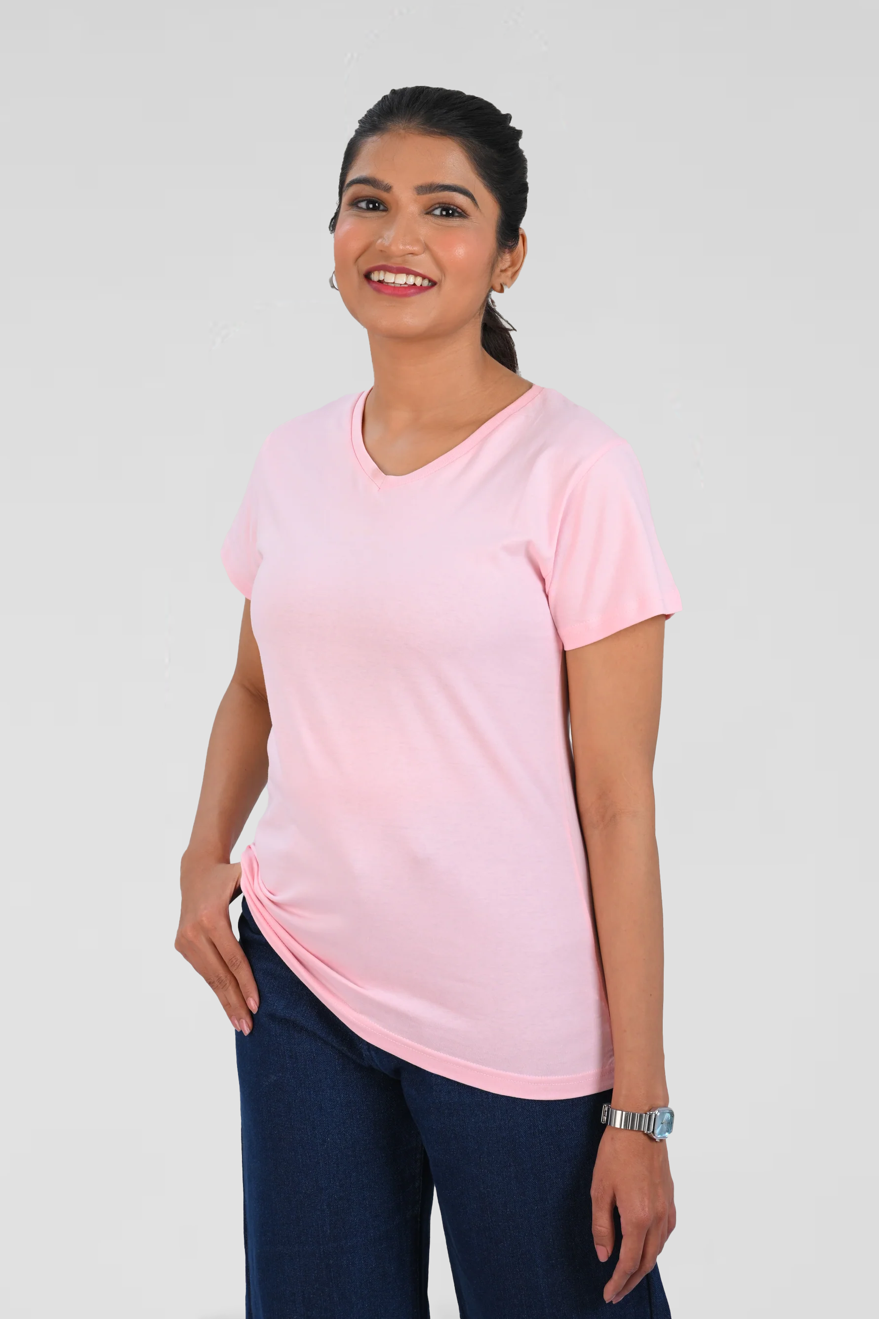 Baby Pink Cotton V Neck T-Shirt