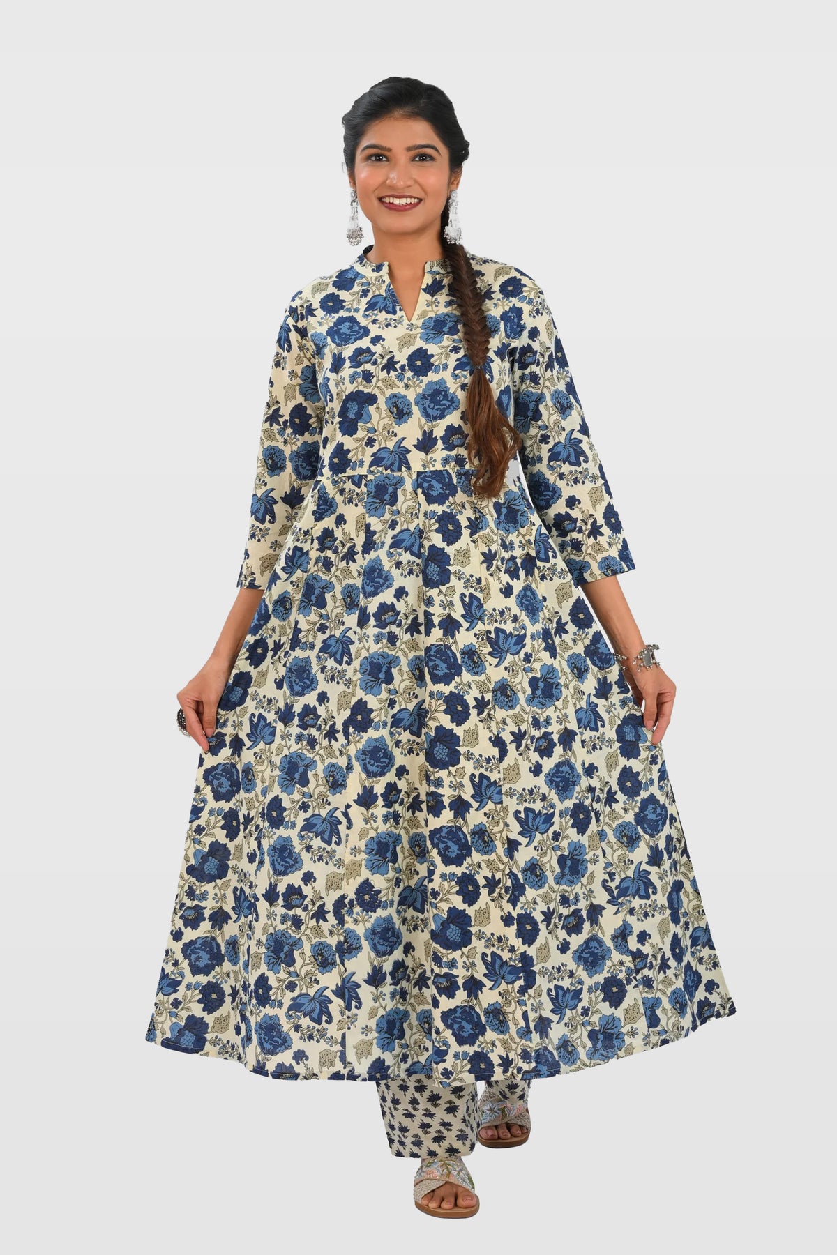 Beige Cotton Printed Kurta Set