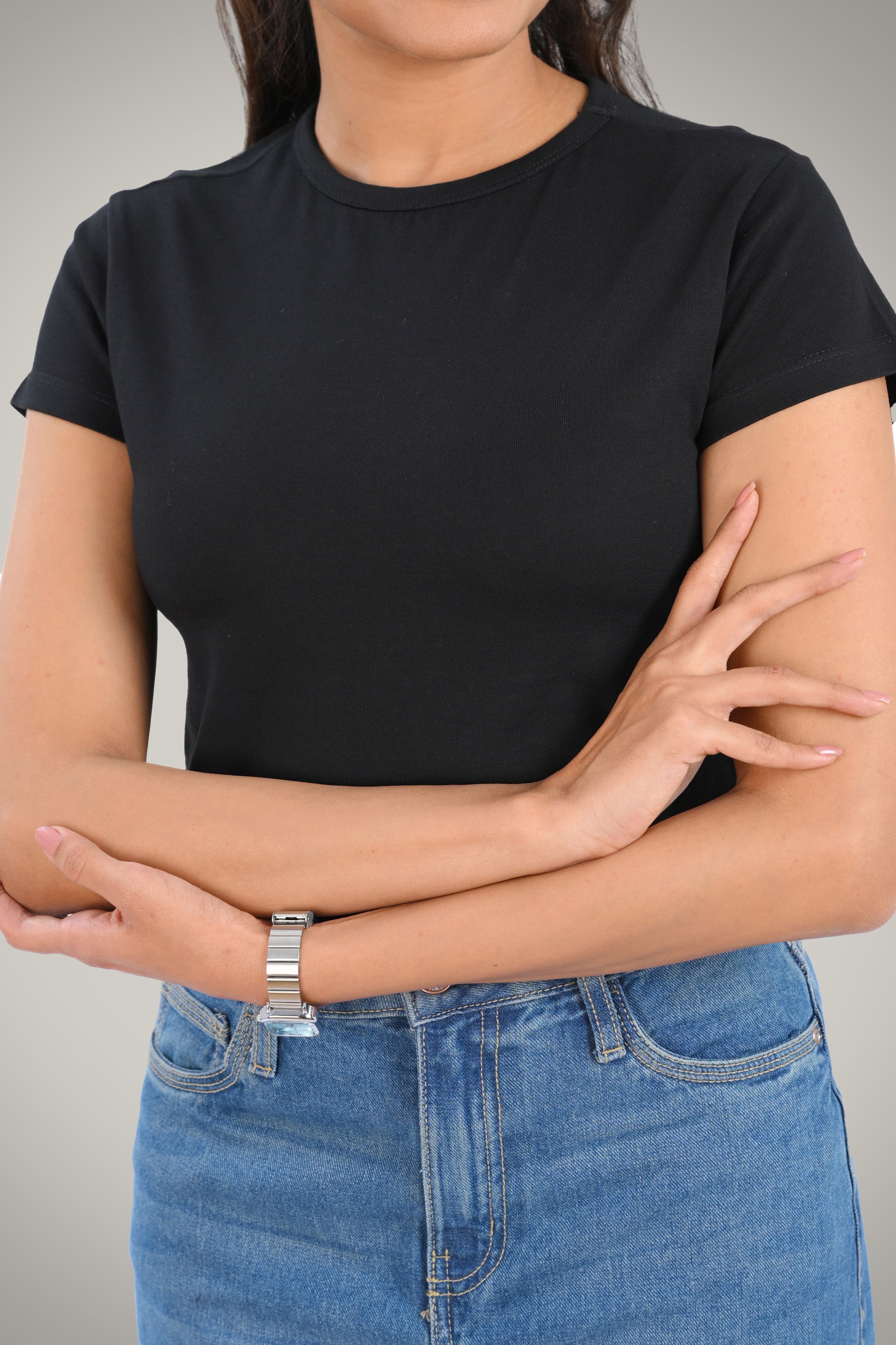 Black Cotton Crop Crew Neck T-Shirt