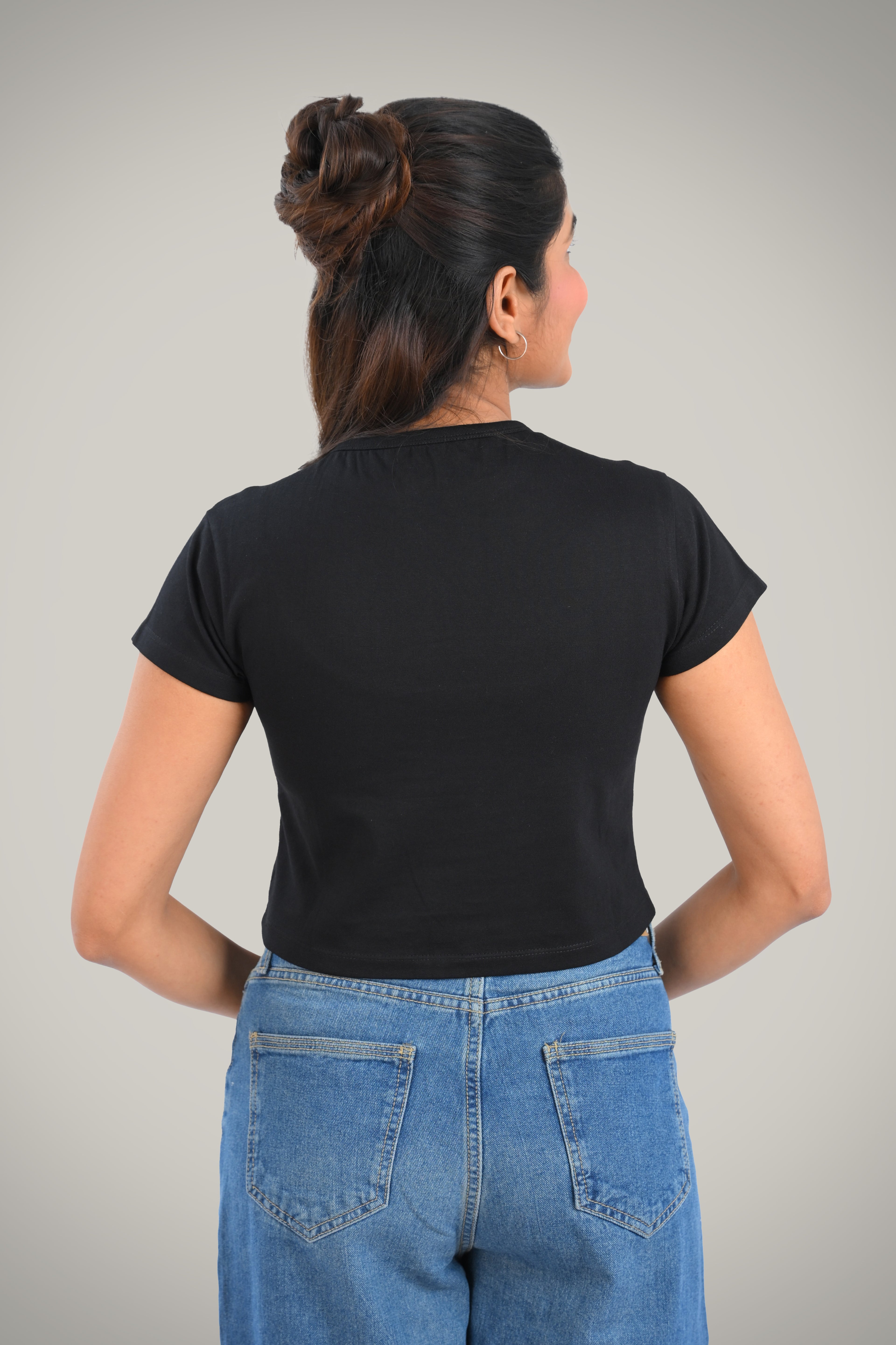 Black Cotton Crop Crew Neck T-Shirt