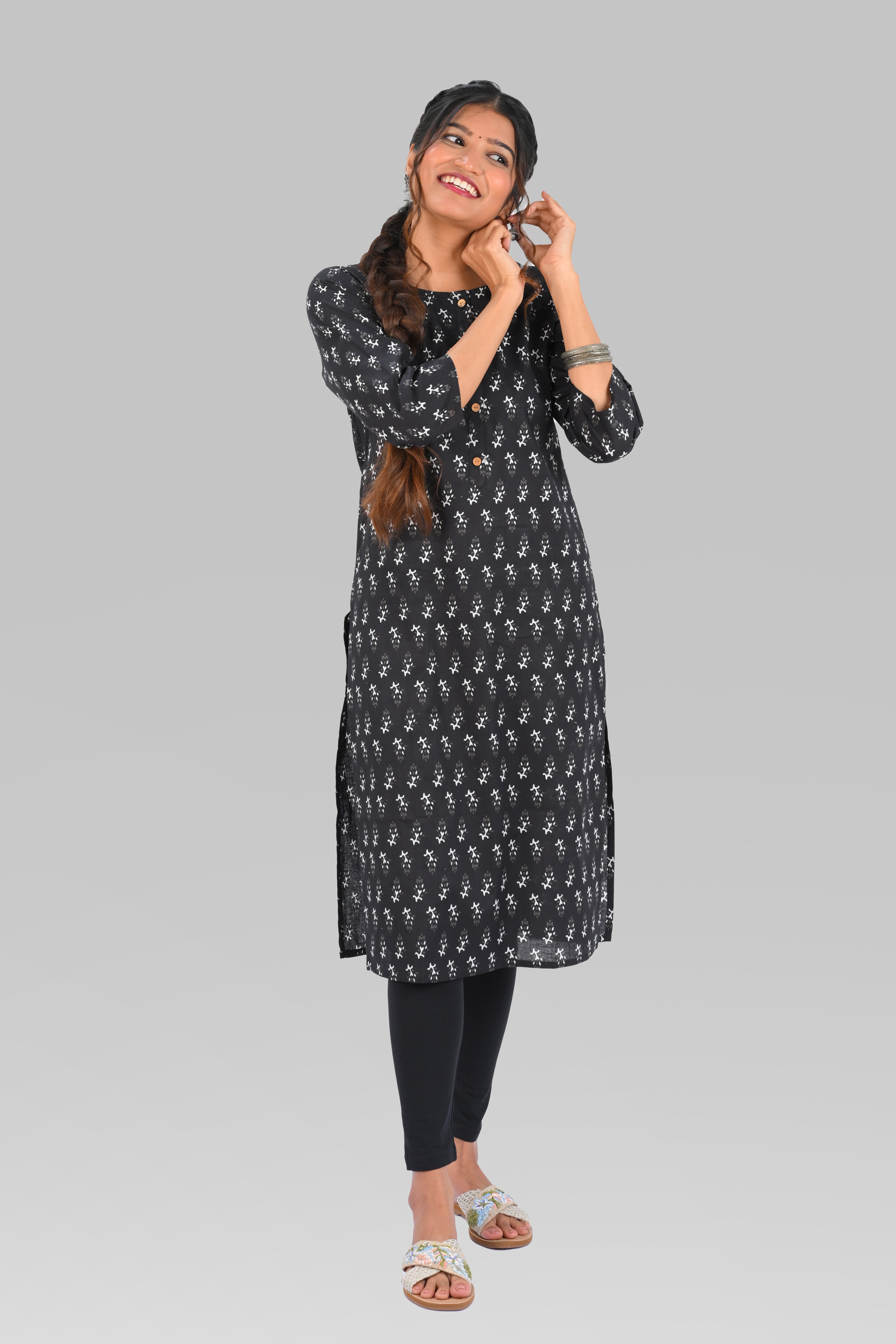Black Cotton Printed Long Kurta