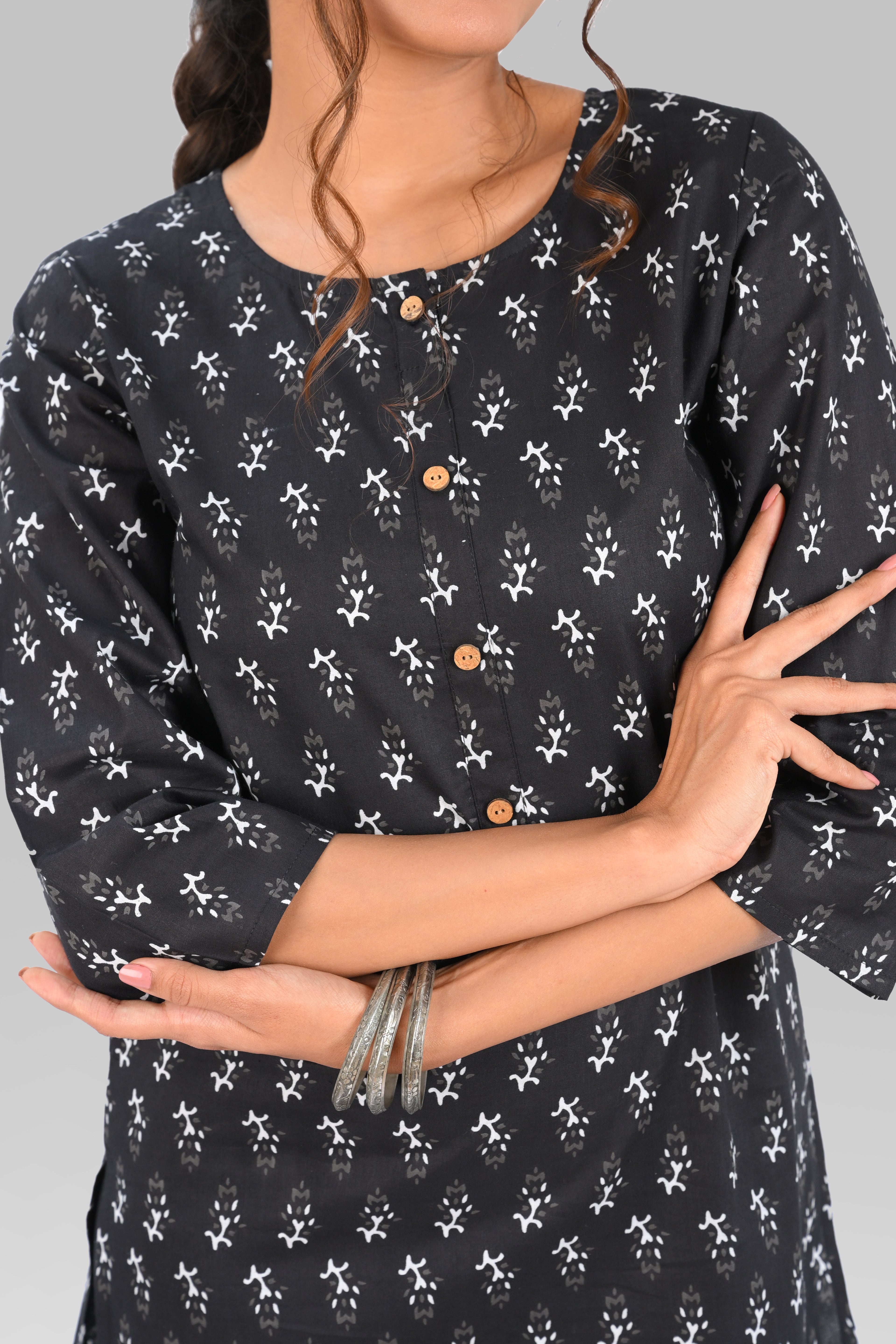Black Cotton Printed Long Kurta