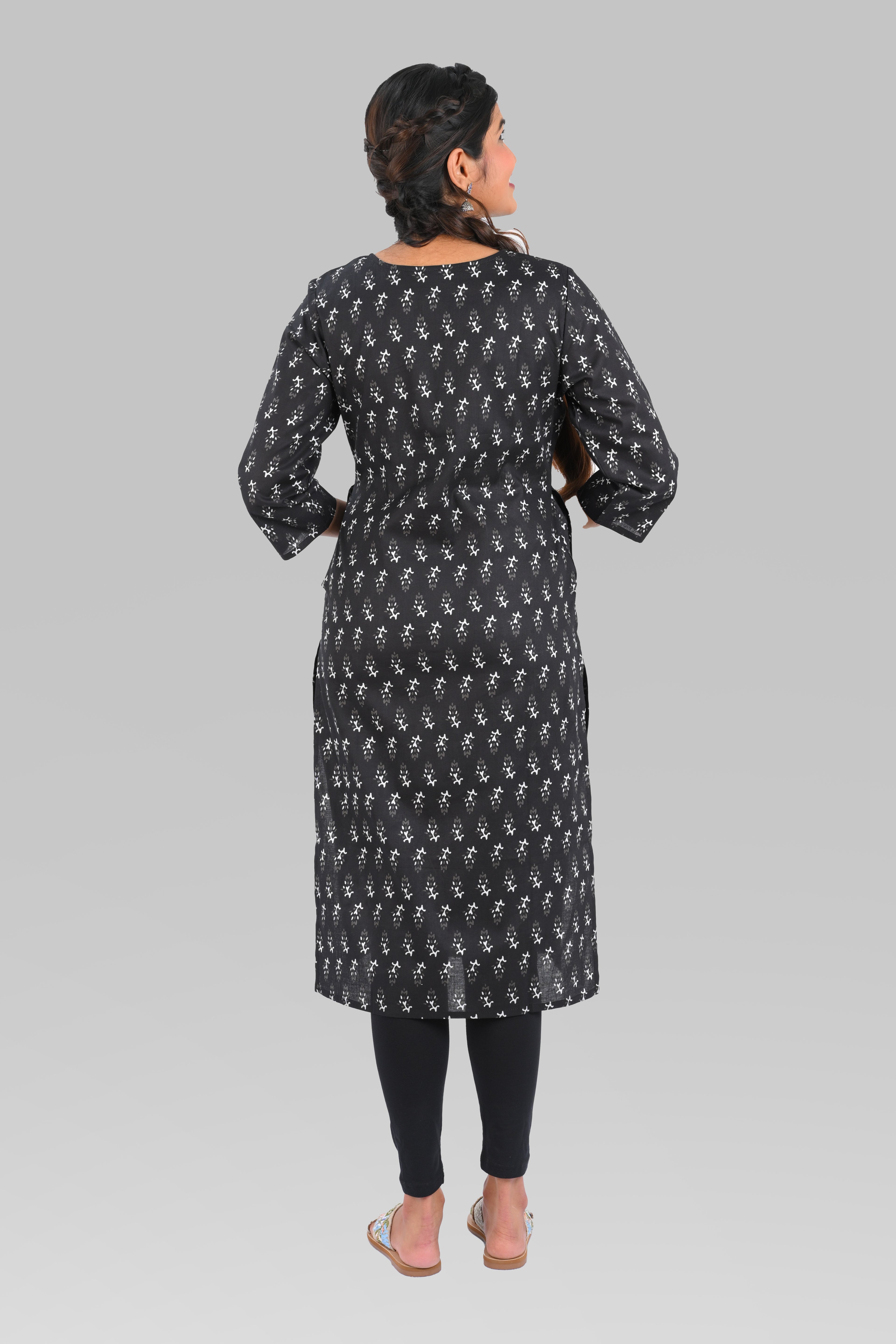 Black Cotton Printed Long Kurta