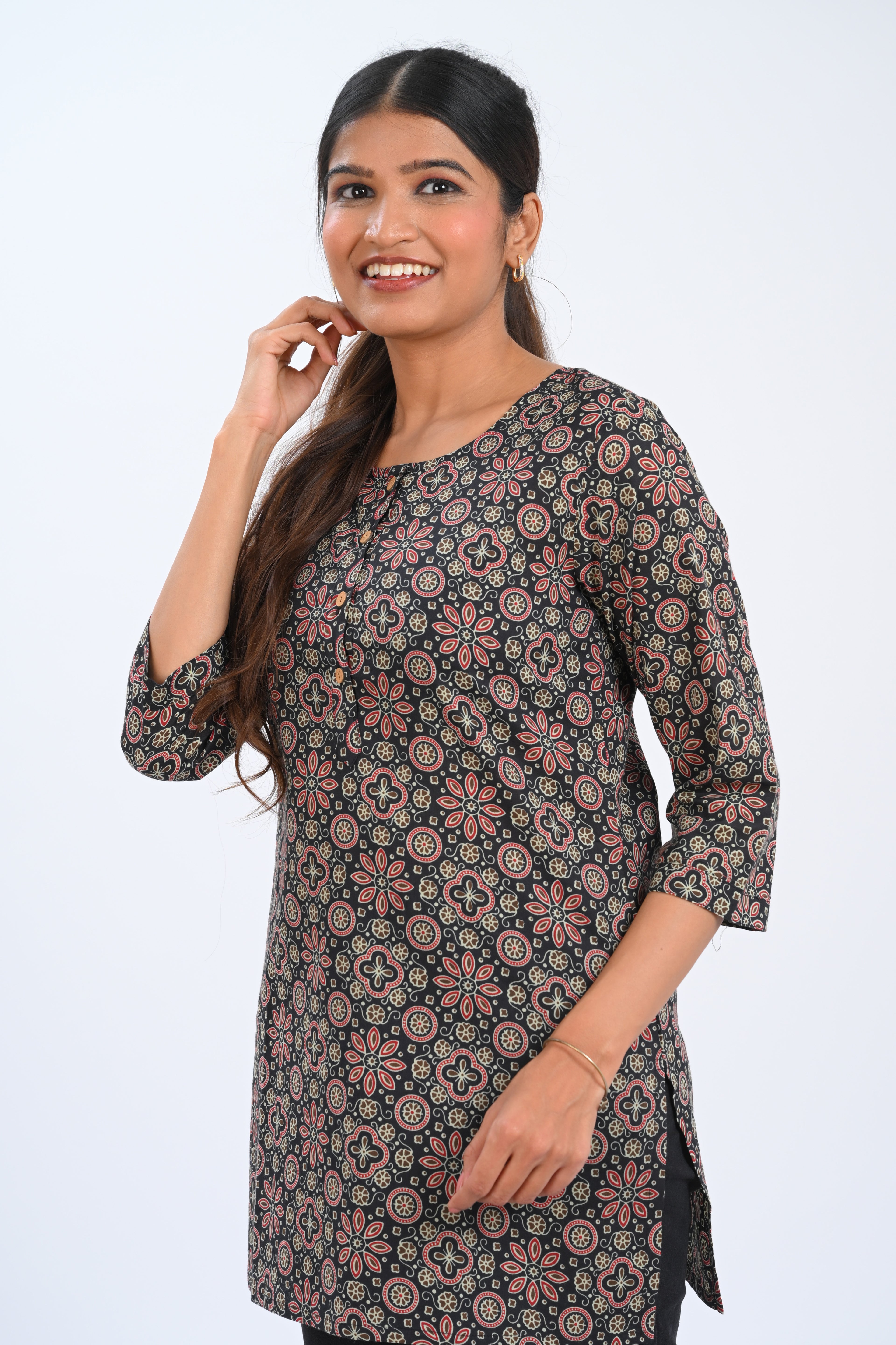 Black Cotton Printed Short Kurti
