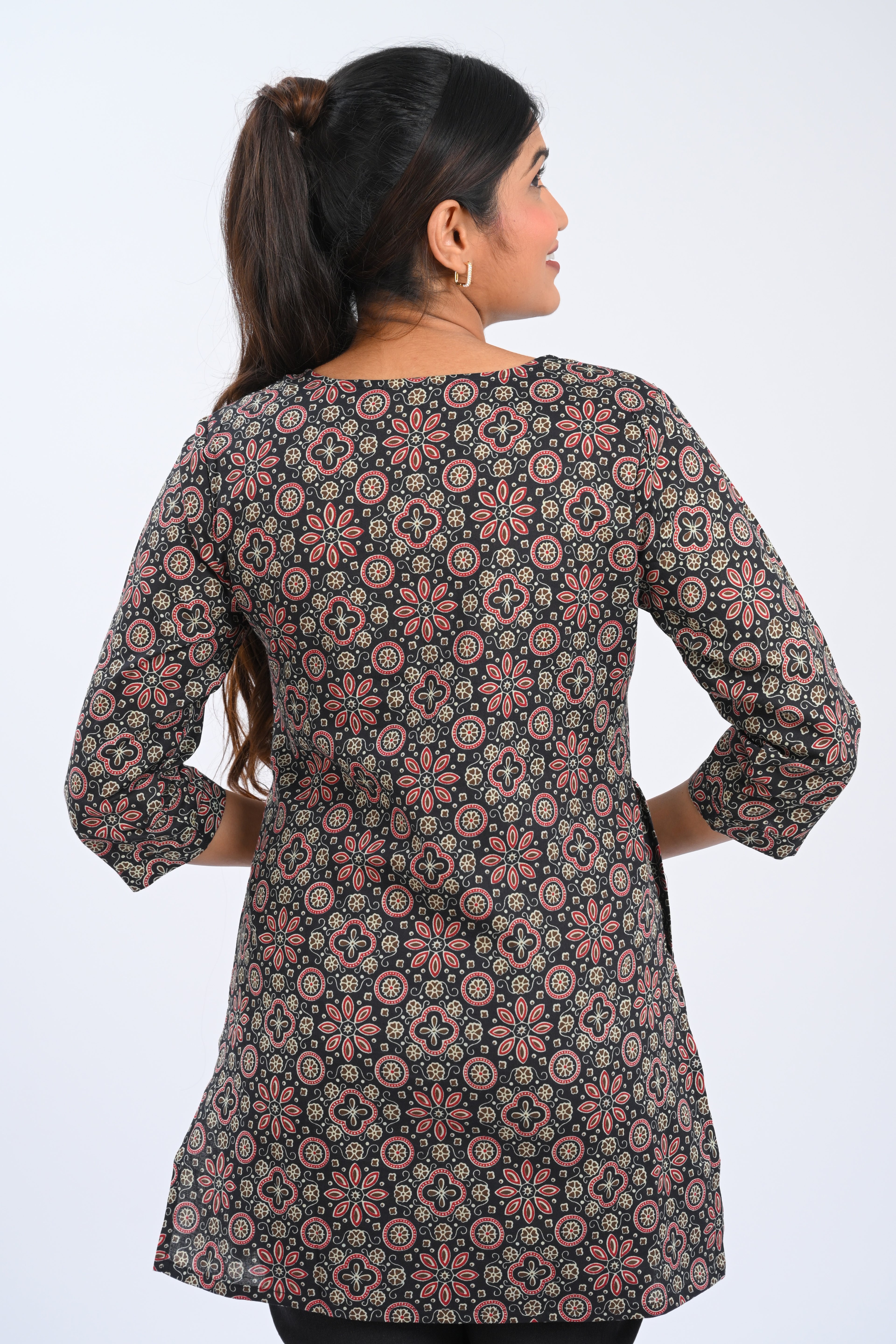 Black Cotton Printed Short Kurti