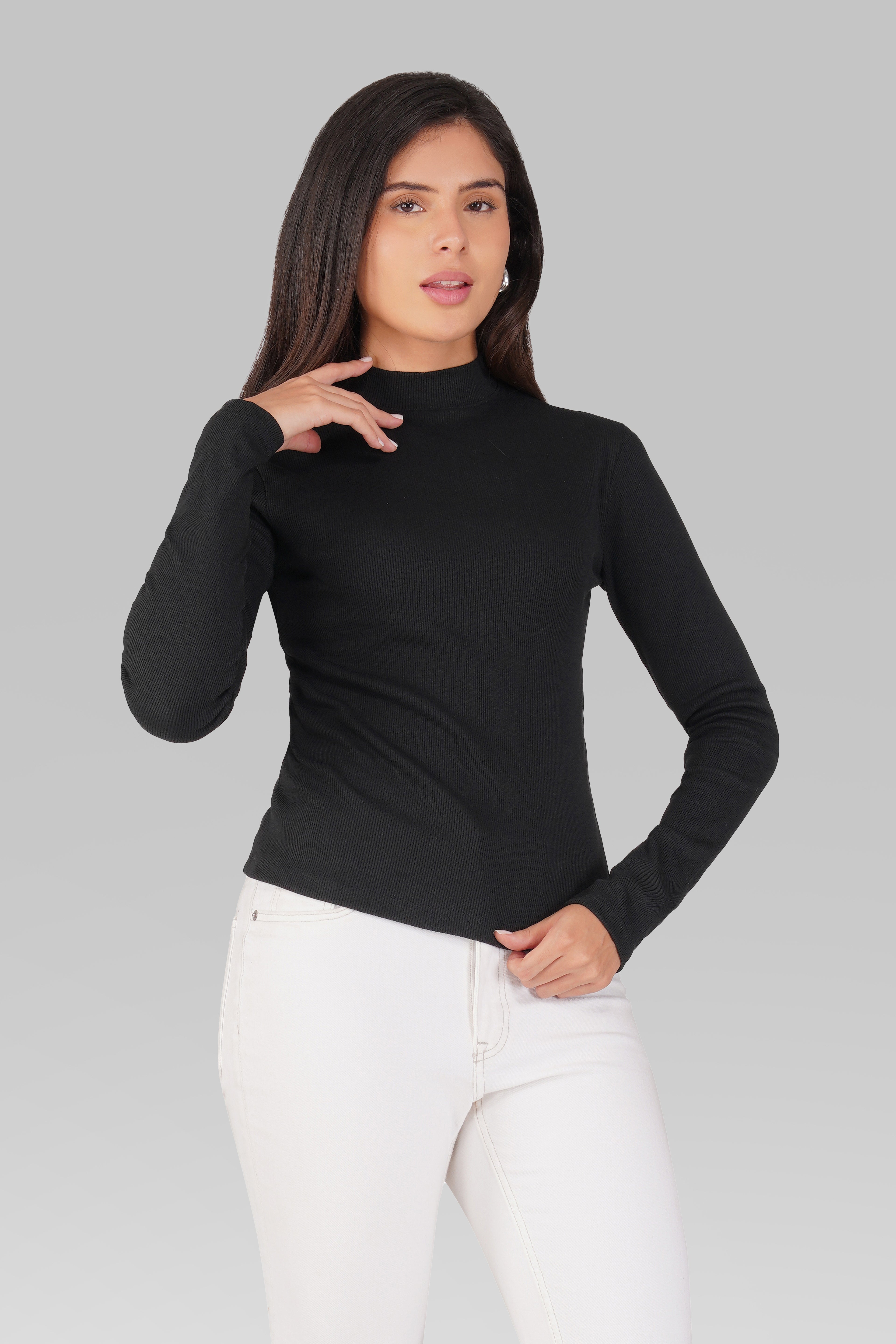 Black Ribbed Mock Neck Long Sleeve Top