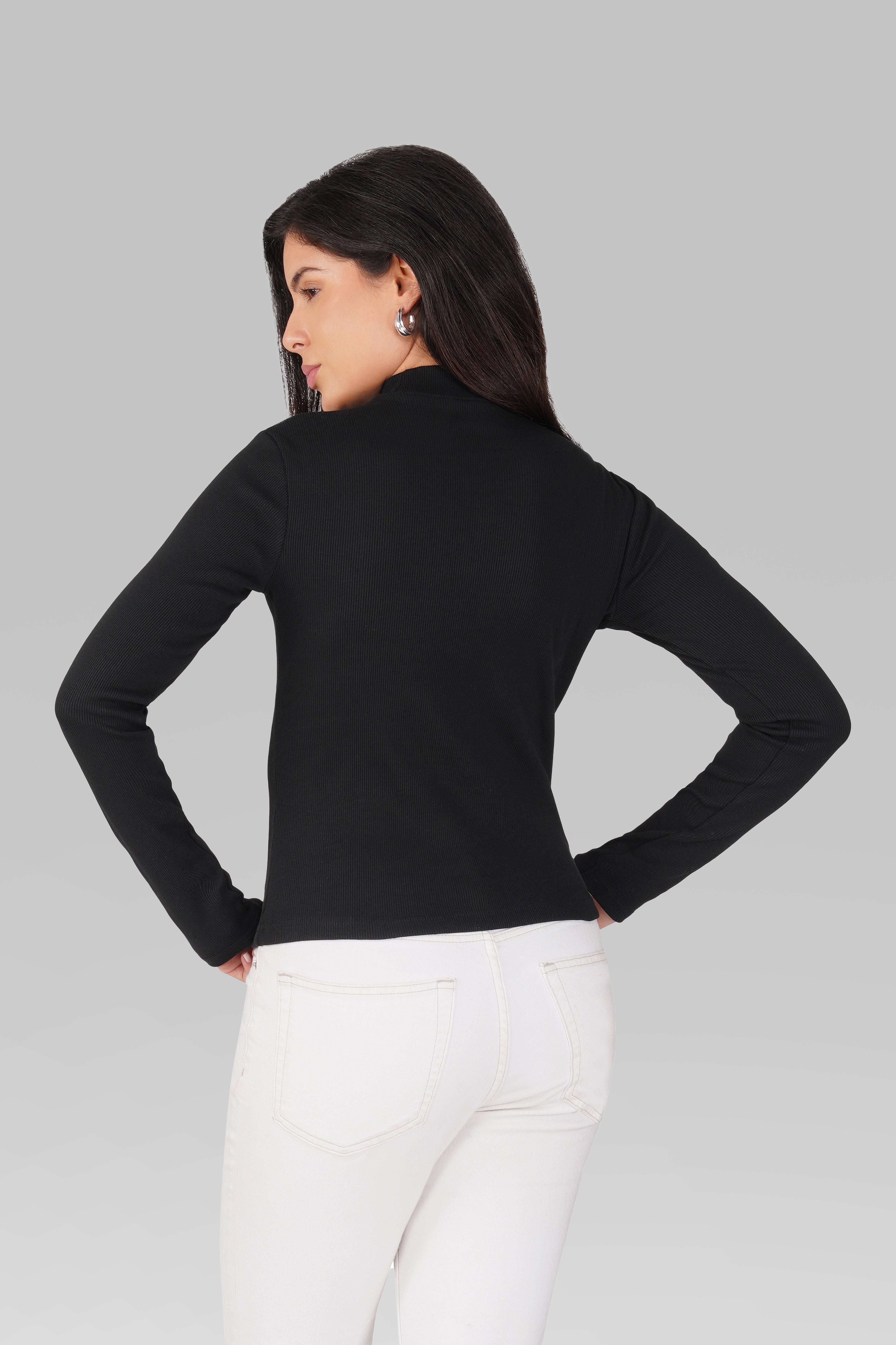 Black Ribbed Mock Neck Long Sleeve Top