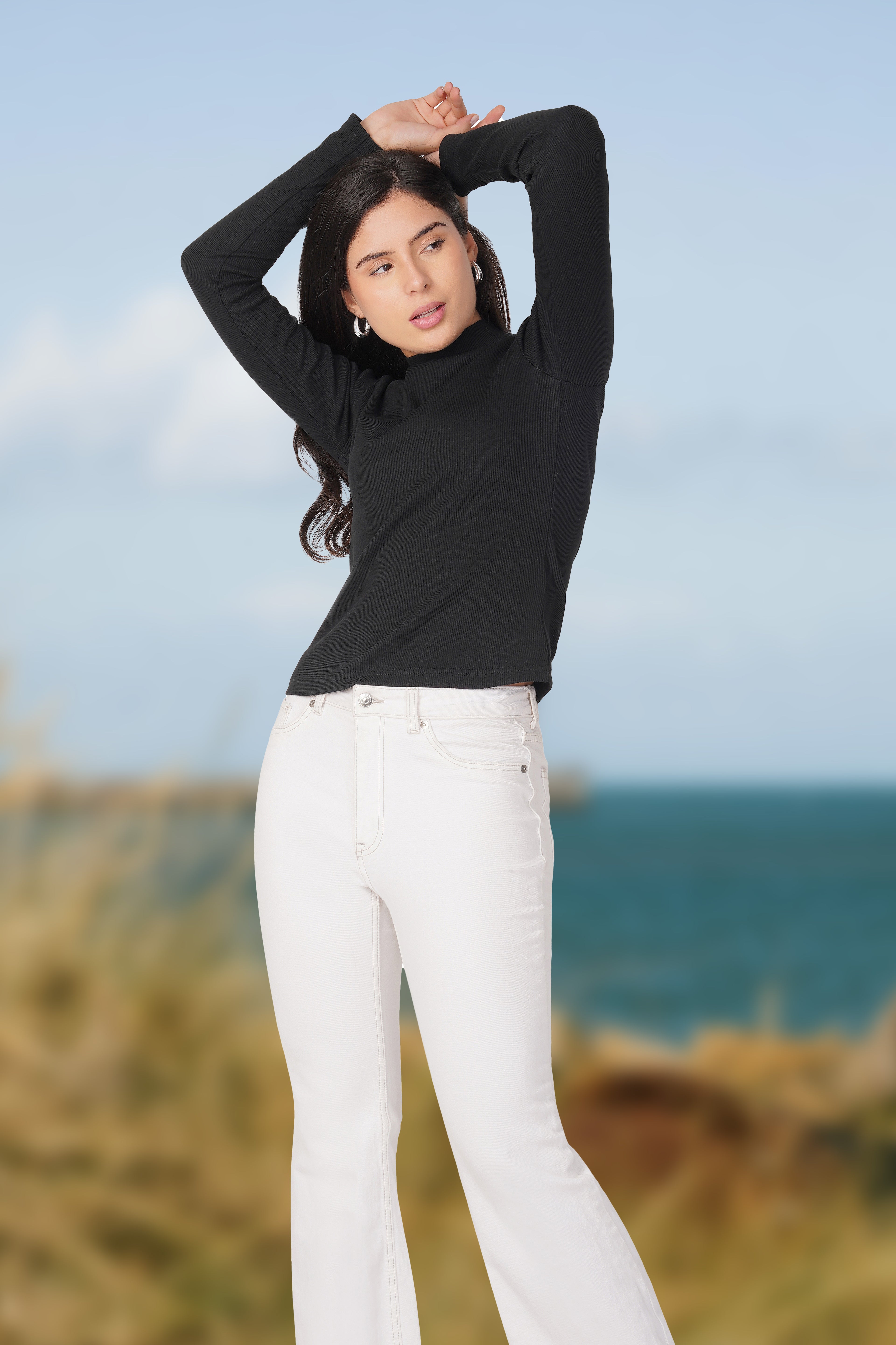 Black Ribbed Mock Neck Long Sleeve Top