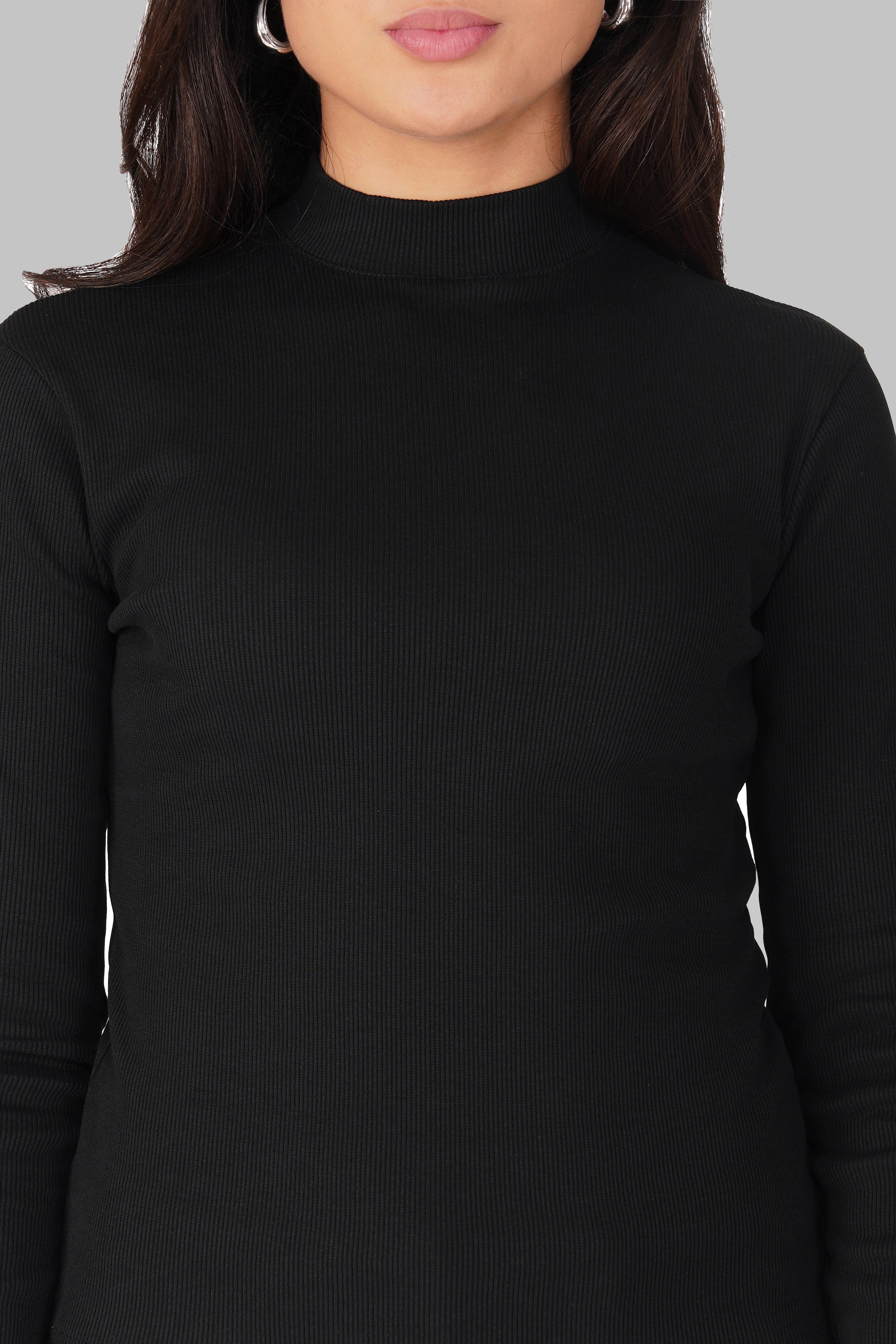 Black Ribbed Mock Neck Long Sleeve Top