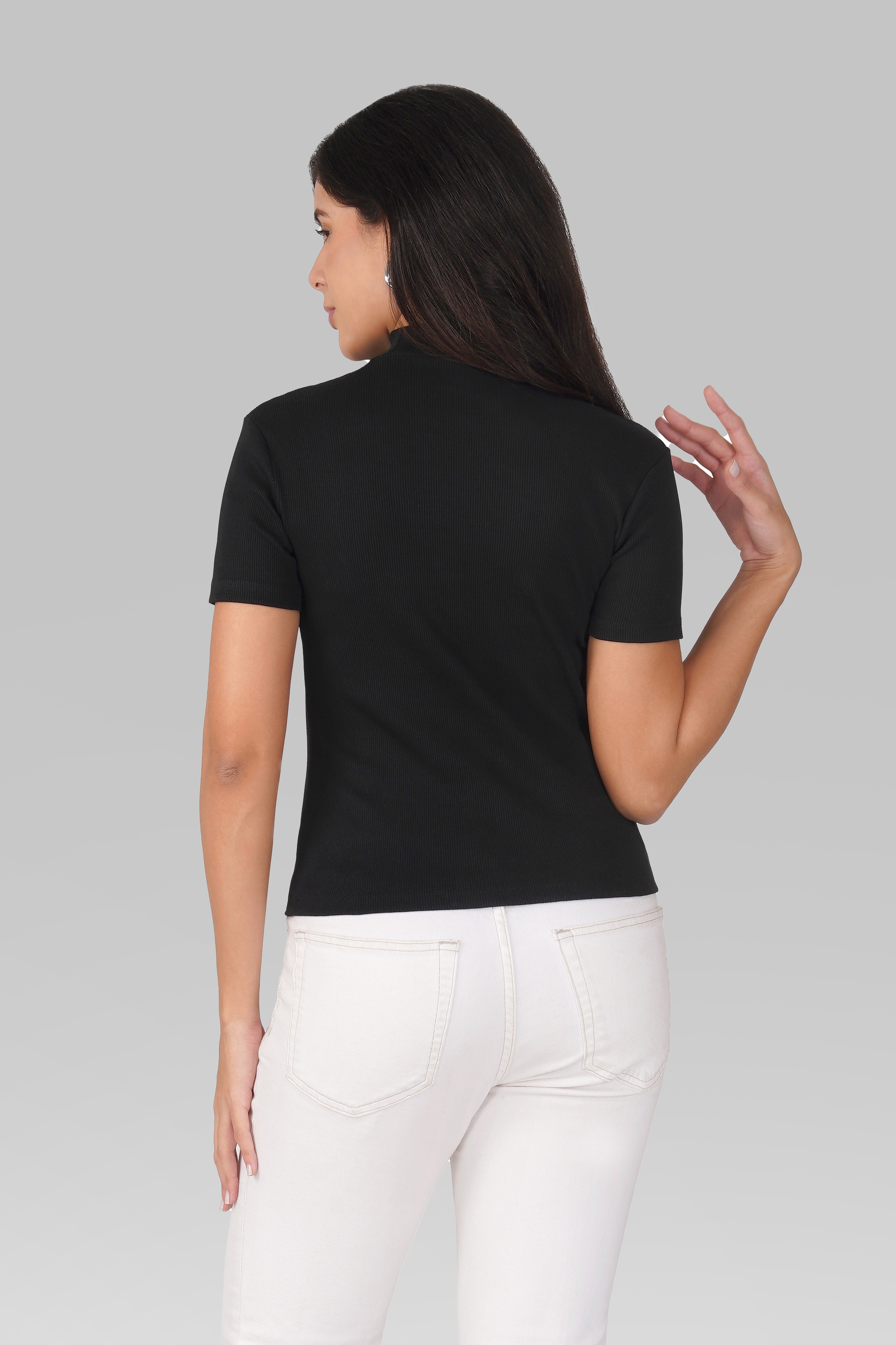 Black Ribbed Mock Neck Short Sleeve Top