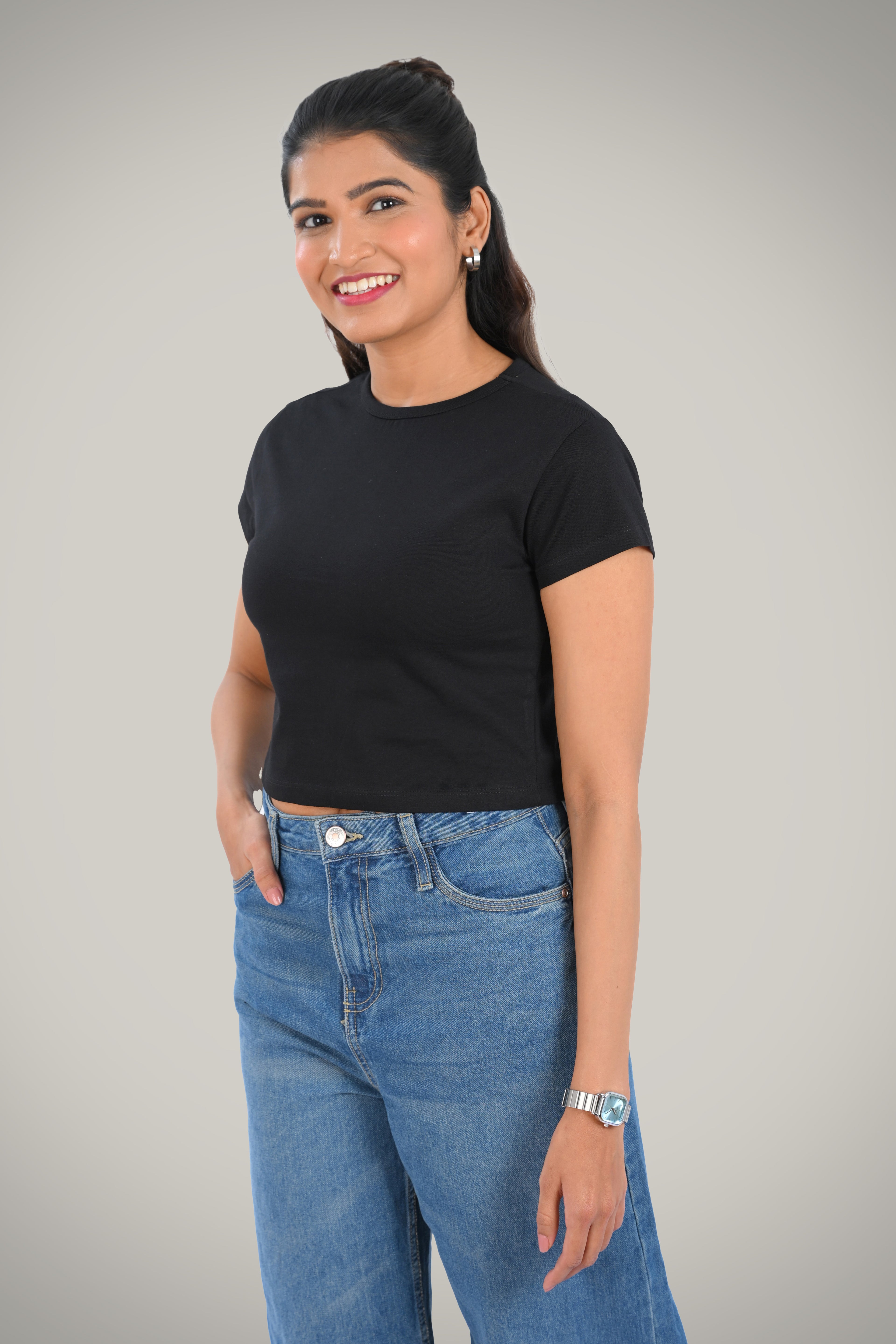 Black Cotton Crop Crew Neck T-Shirt