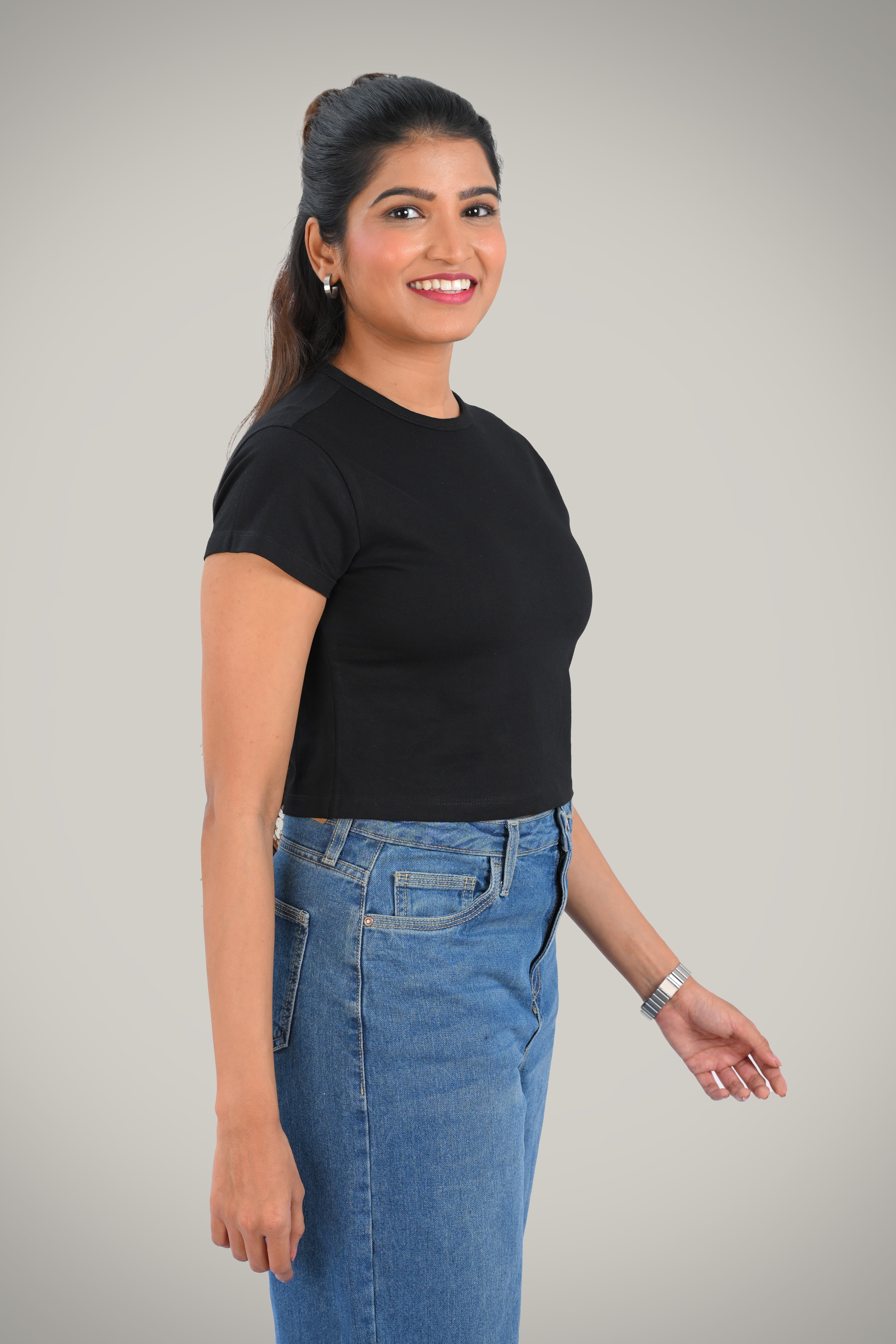 Black Cotton Crop Crew Neck T-Shirt