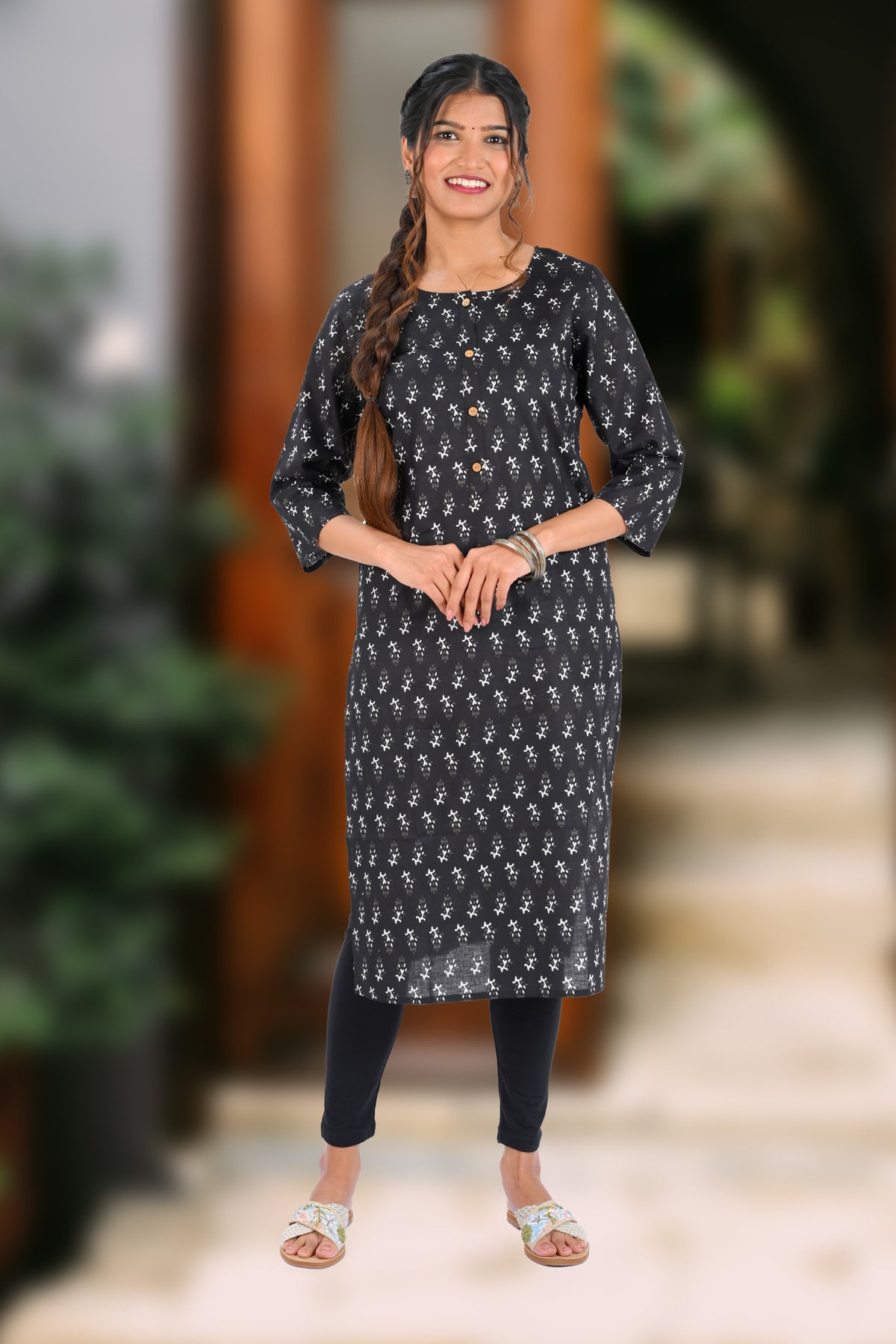 Black Cotton Printed Long Kurta