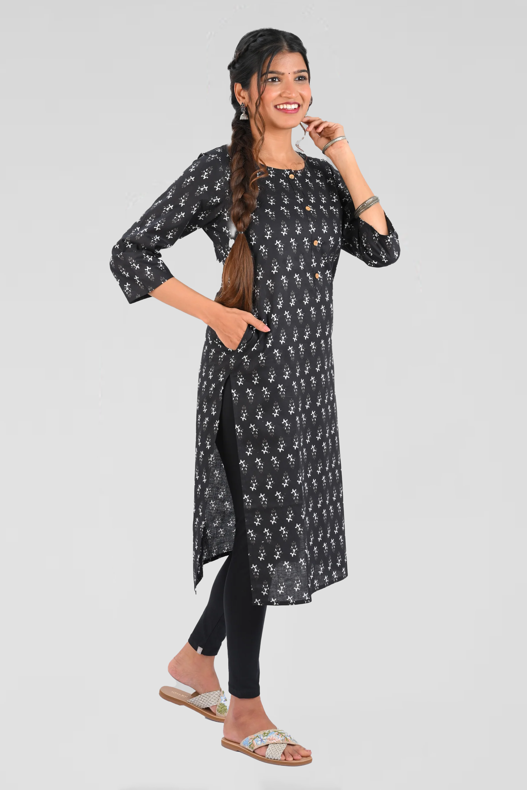 Black Cotton Printed Long Kurta