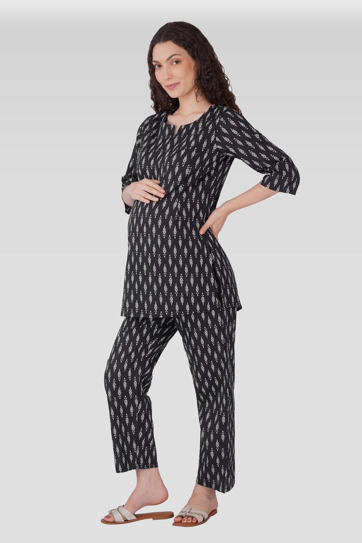 Black Cotton Printed Maternity and Feeding Pyjama Set