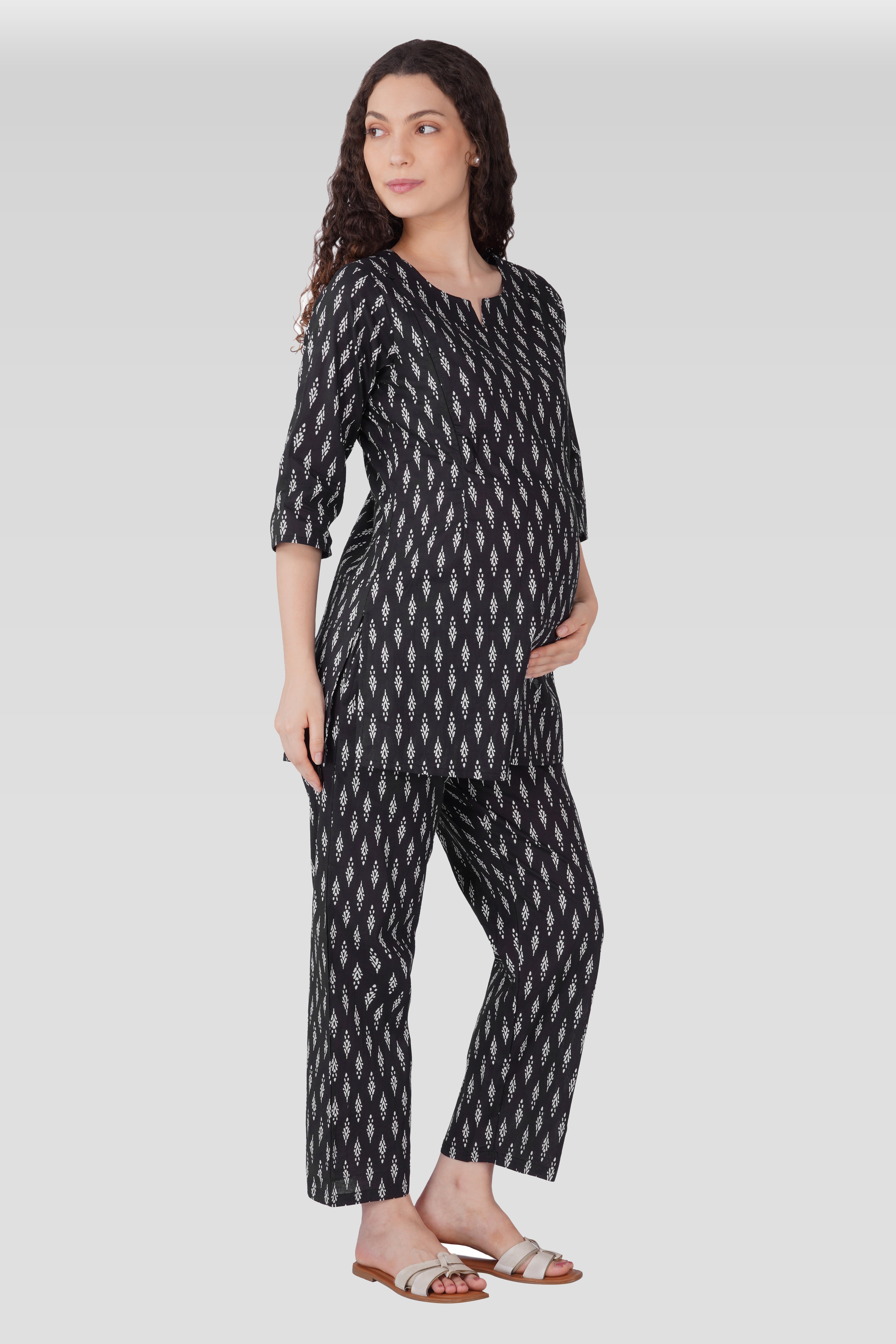 Black Cotton Printed Maternity and Feeding Pyjama Set