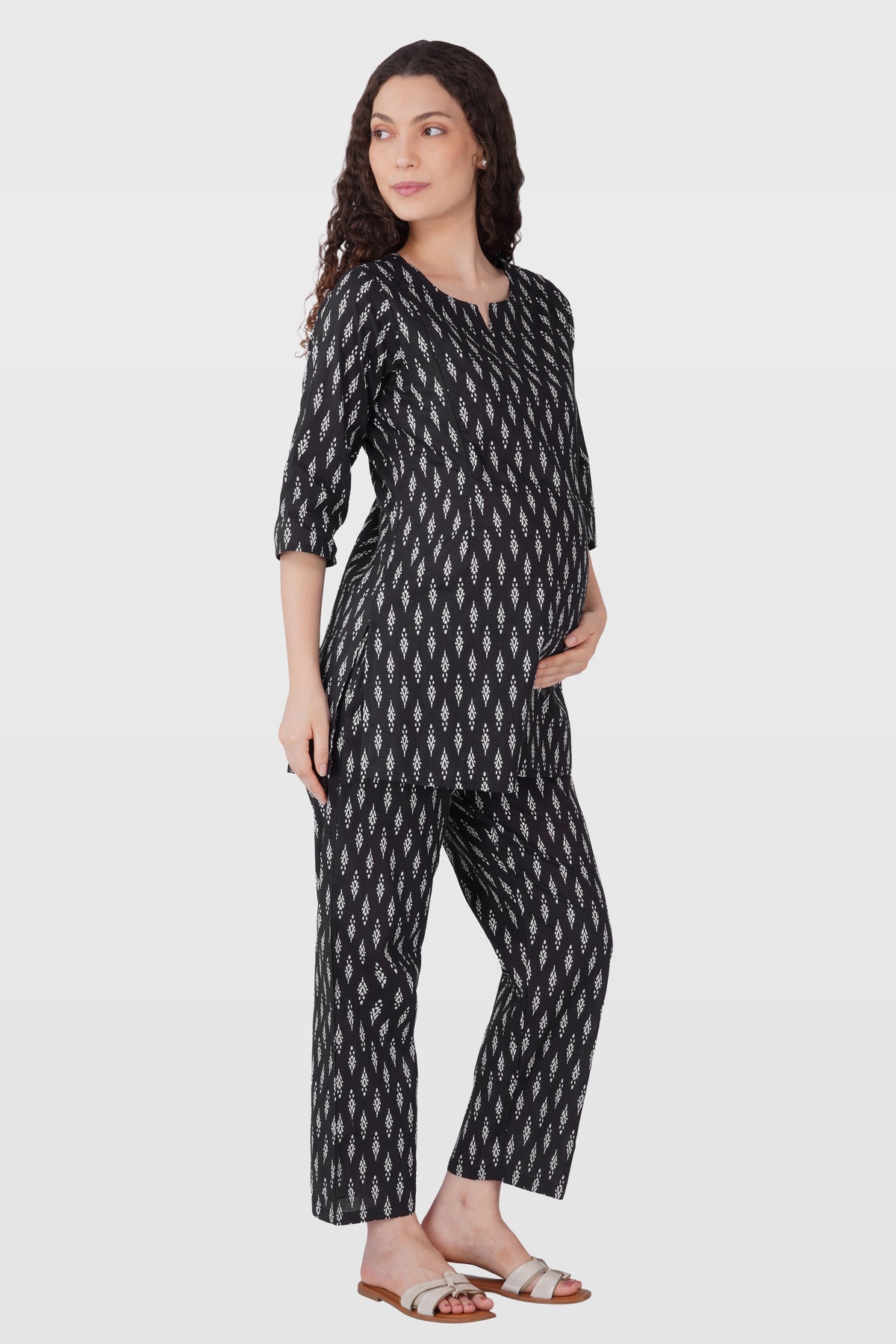 Black Cotton Printed Maternity and Feeding Pyjama Set