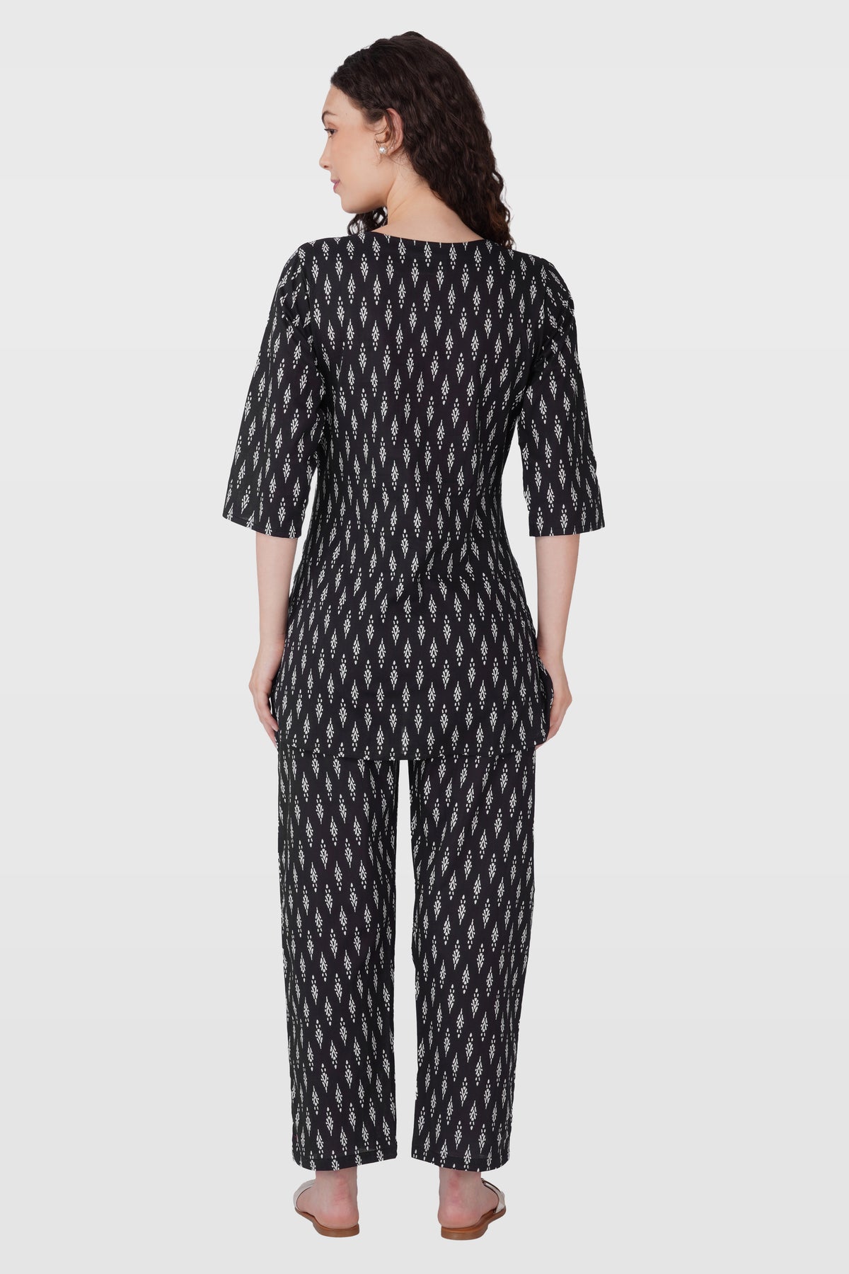 Black Cotton Printed Maternity and Feeding Pyjama Set