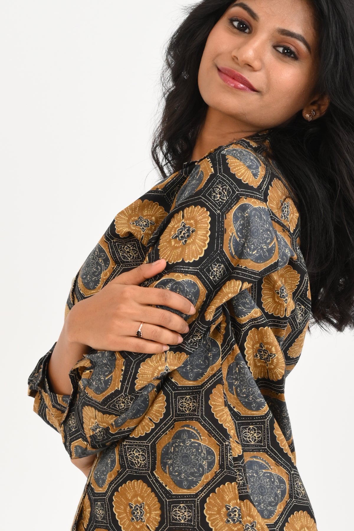 Black Cotton Printed Pyjama Set Cuban Collar