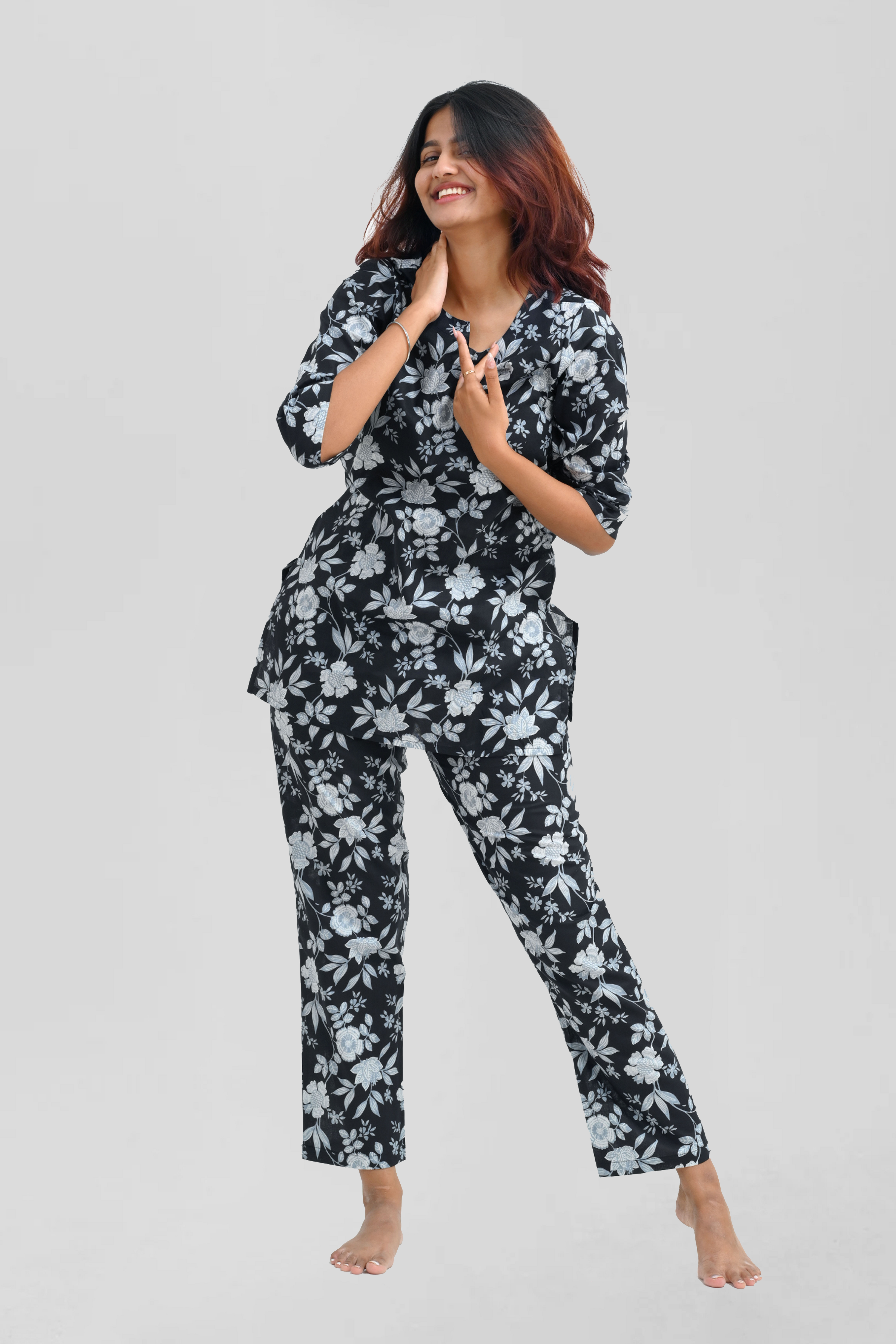 Black Cotton Printed Pyjama Set