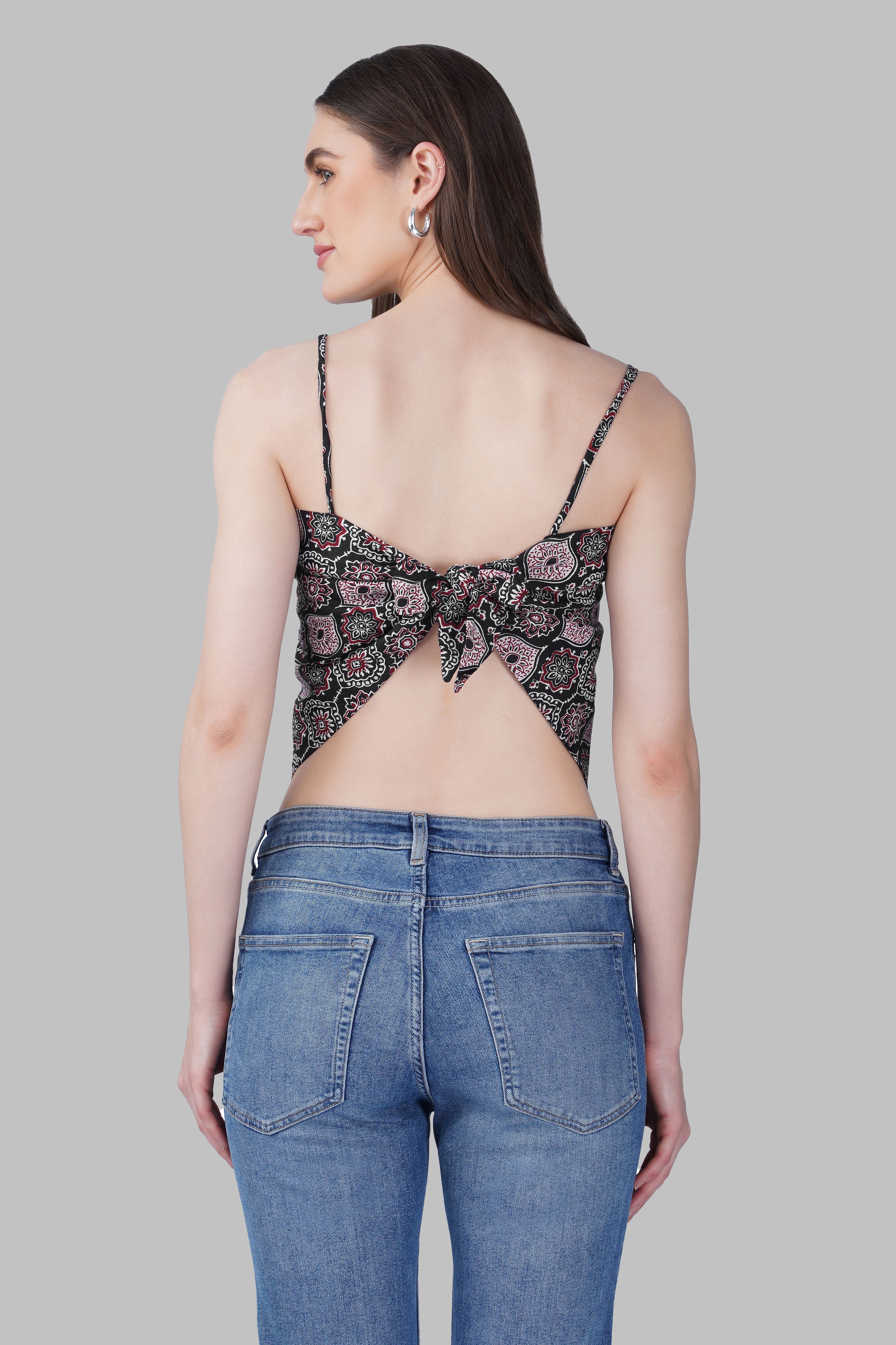 Black Cotton Printed Scarf Top